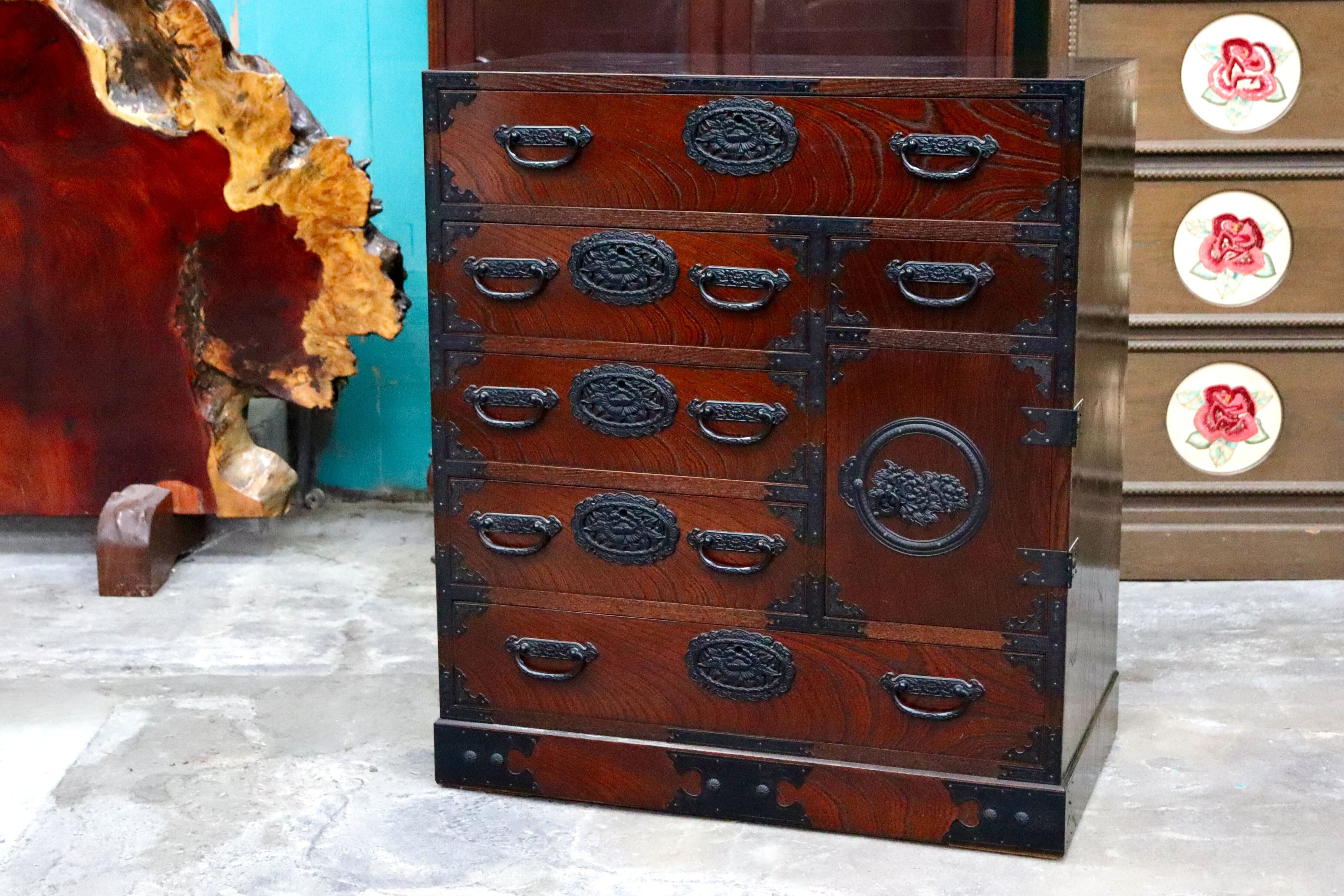 GMIS428B○時代箪笥 整理箪笥 民芸箪笥 伝統工芸 チェスト 和箪笥 和家具 5段チェスト 和室 和モダン 古民家 レトロ 吉野民芸 検)