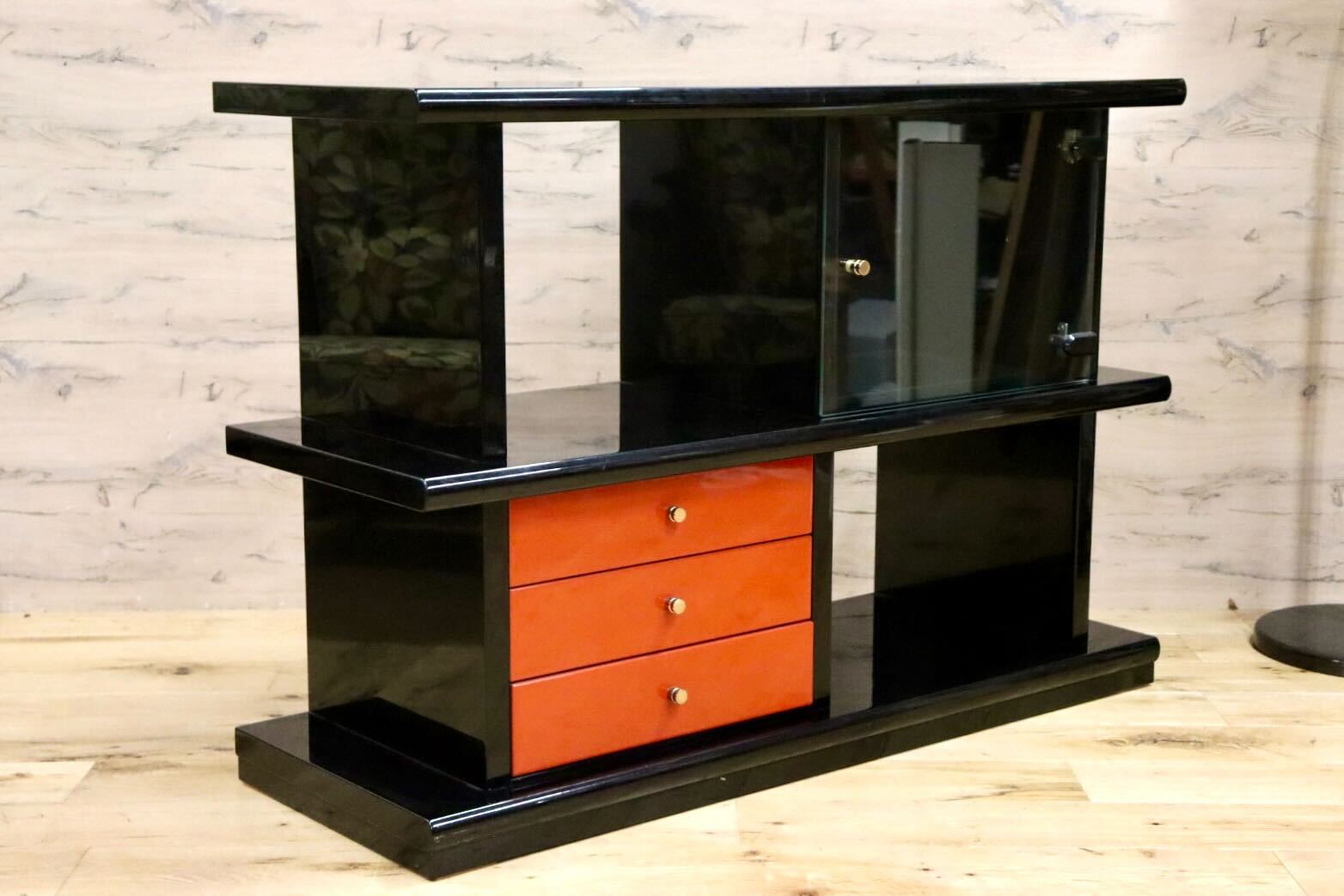 GMHS187C○輪島塗り 飾り棚 サイドボード 茶箪笥 茶棚 収納棚 朱色 伝統工芸 和家具 和モダン 和室 座敷 最高級 アンティーク 検)モリシゲ