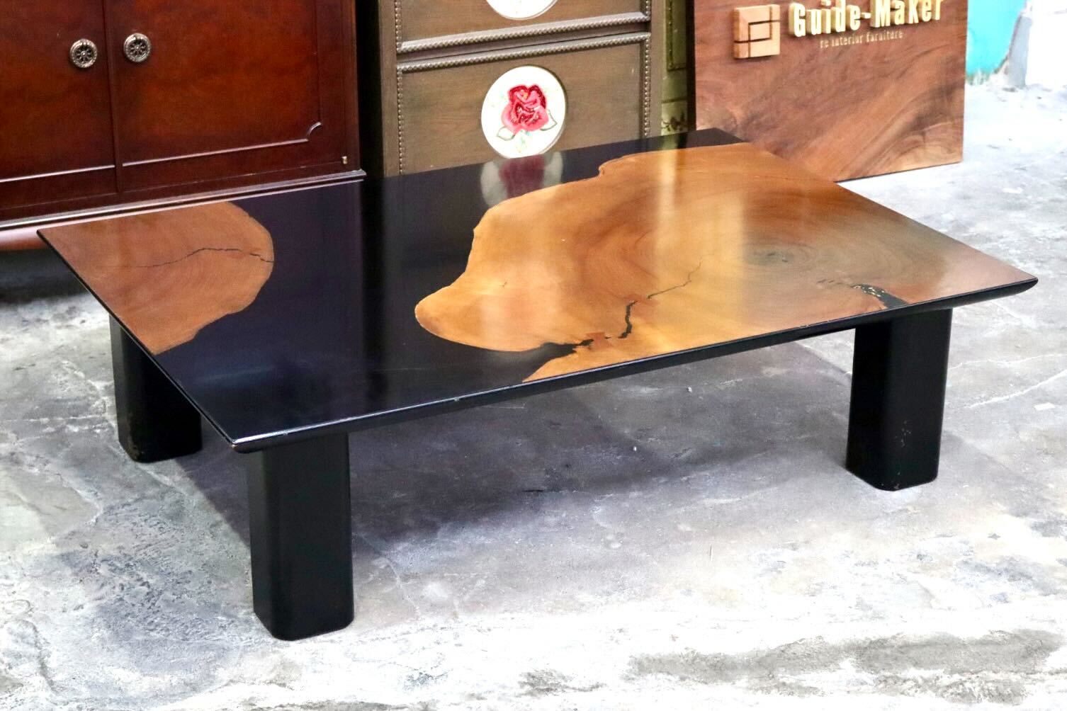 GMIH422C○松岡漆工 センターテーブル ローテーブル 座卓 大楠年輪 木製 漆 和家具 和モダン 和室 リビング レトロ ヴィンテージ