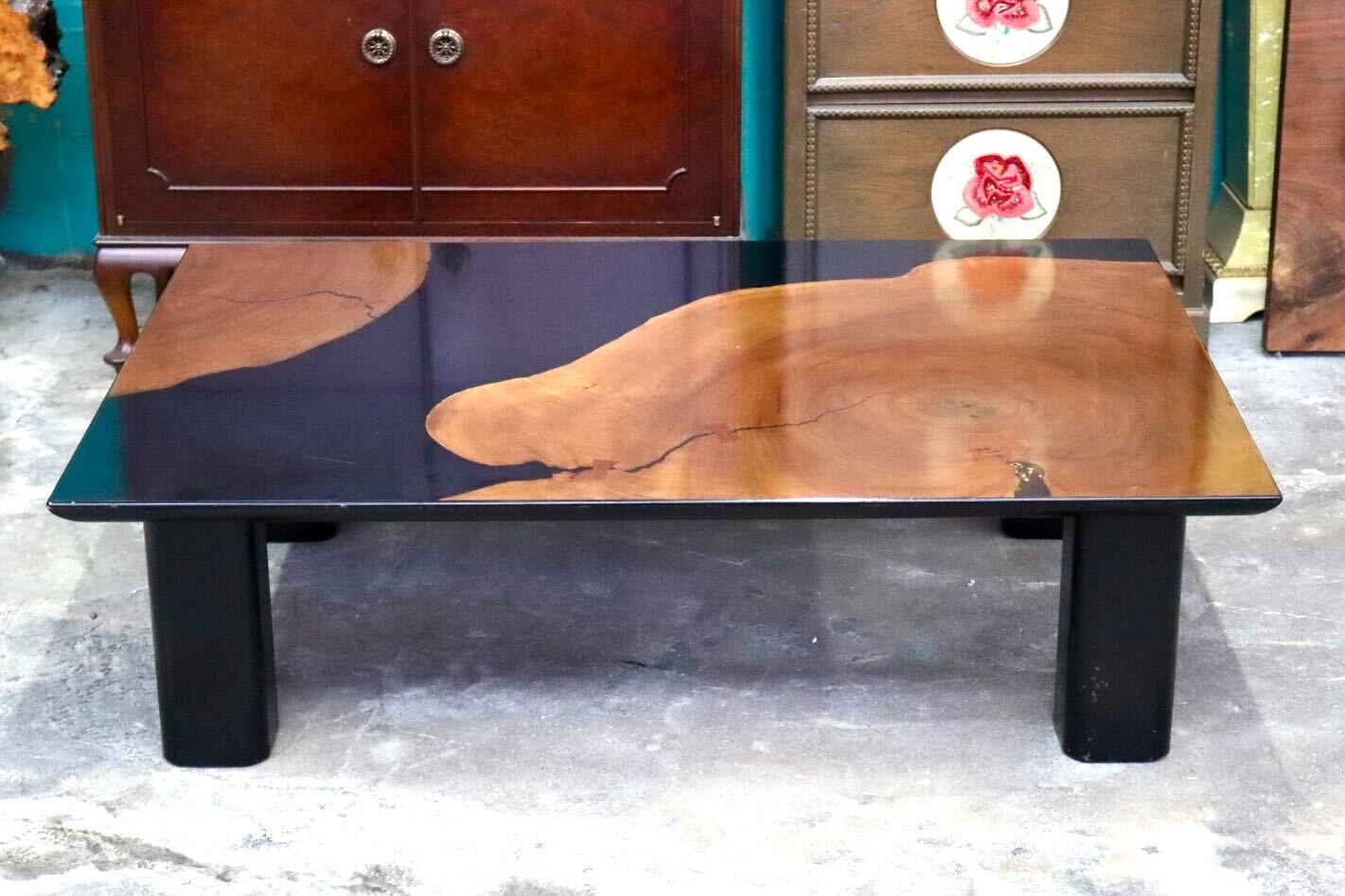 GMIH422C○松岡漆工 センターテーブル ローテーブル 座卓 大楠年輪 木製 漆 和家具 和モダン 和室 リビング レトロ ヴィンテージ