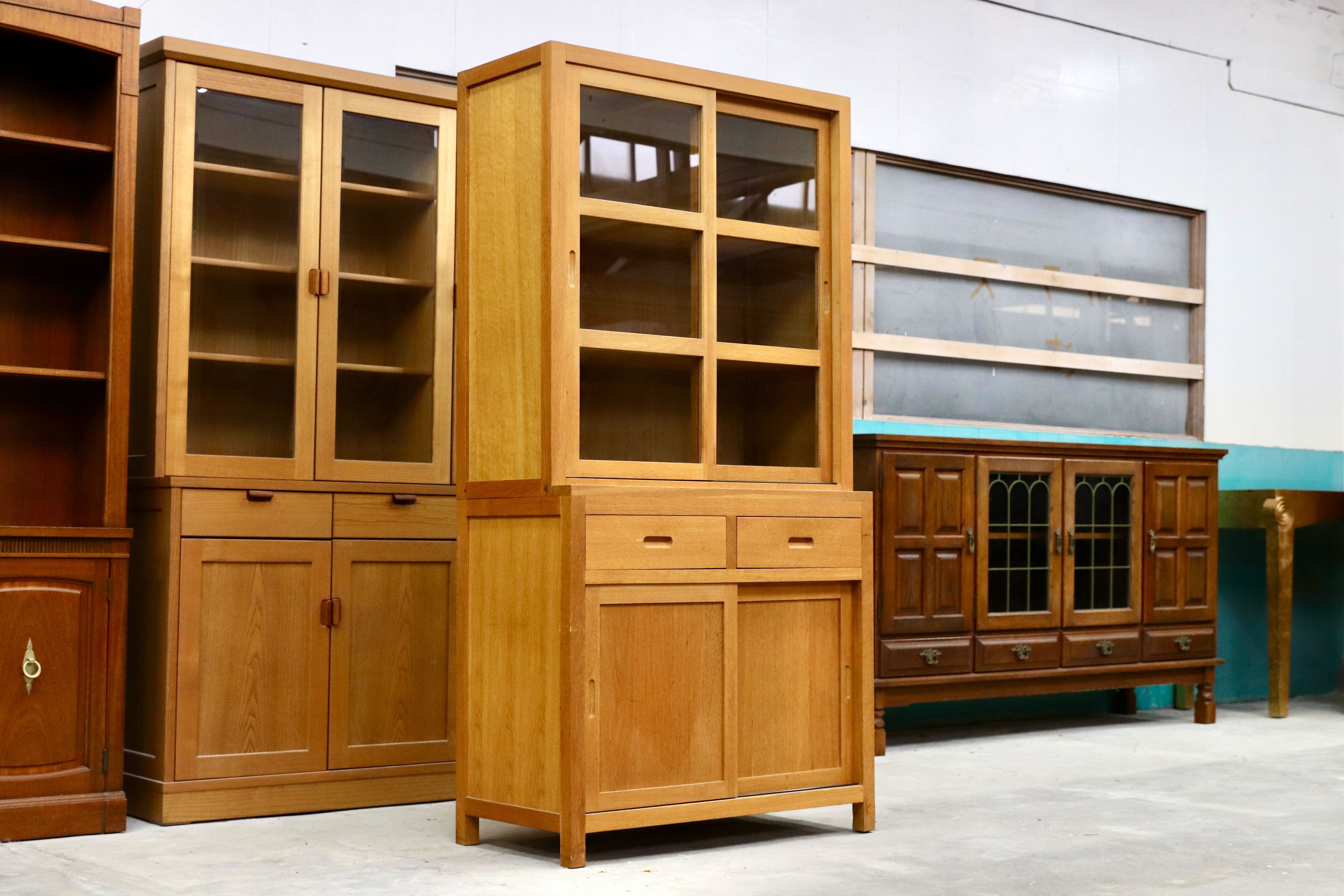 GMIK27○北欧スタイル オーク総無垢 食器棚 飾り棚 キャビネット 検)飛騨家具 旭川家具 ヴィンテージ