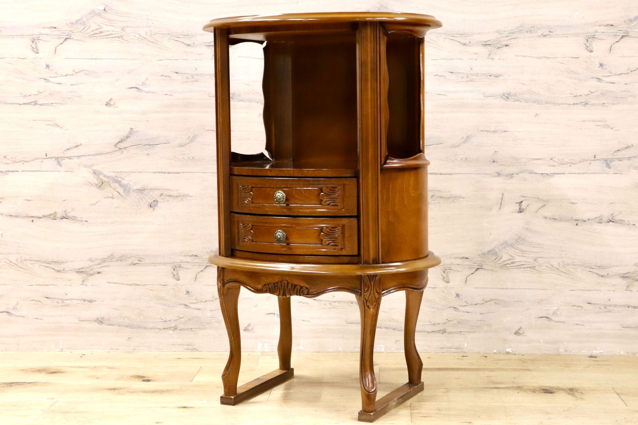 GMIK833○イタリア製 サイドテーブル ラウンドチェスト コンソール ナイトテーブル クラシック 猫脚 2段引き出し 木製 電話台 彫刻