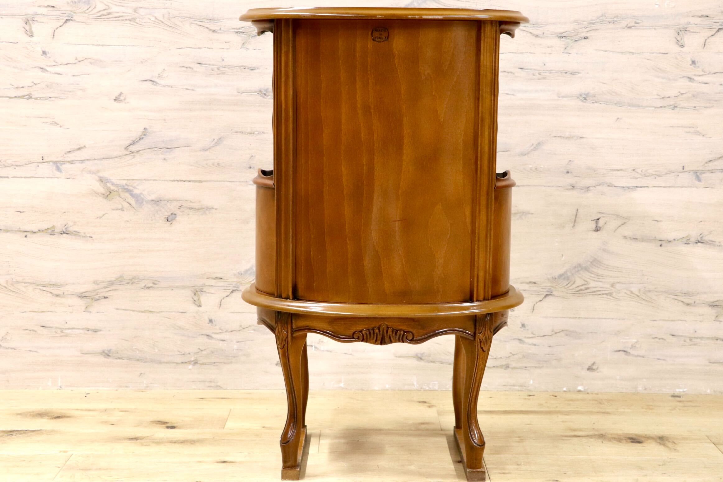 GMIK833○イタリア製 サイドテーブル ラウンドチェスト コンソール ナイトテーブル クラシック 猫脚 2段引き出し 木製 電話台 彫刻