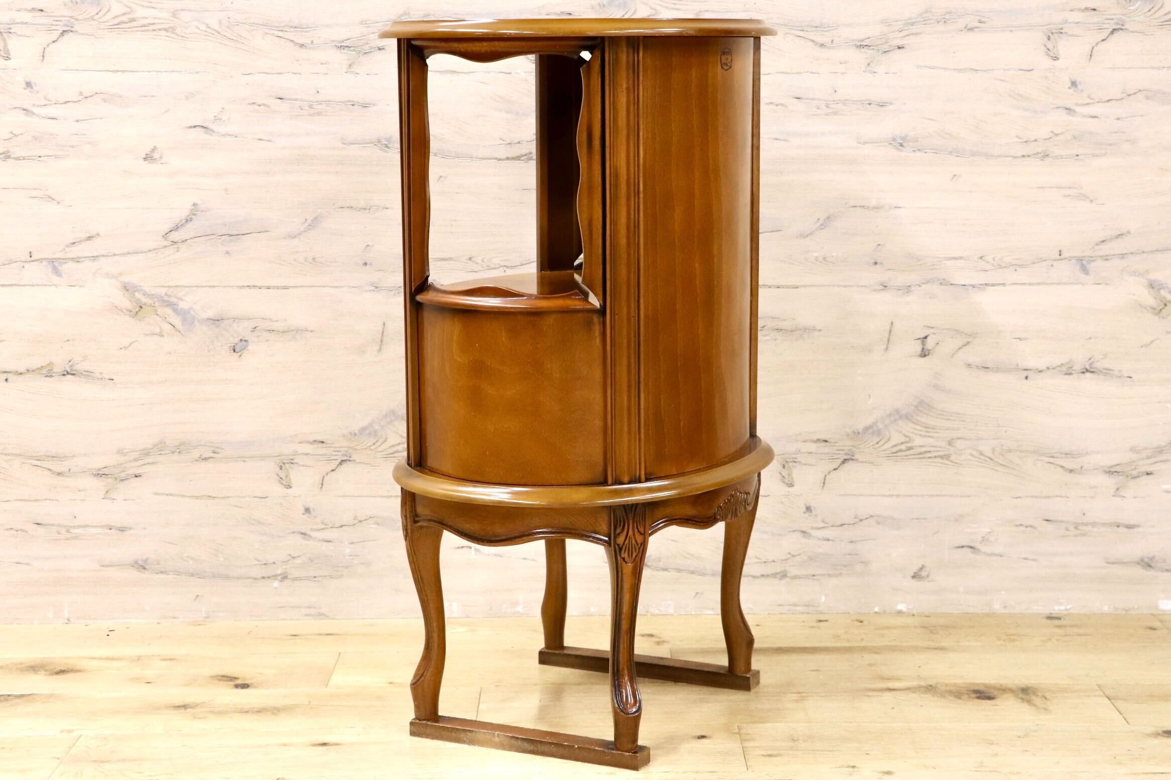 GMIK833○イタリア製 サイドテーブル ラウンドチェスト コンソール ナイトテーブル クラシック 猫脚 2段引き出し 木製 電話台 彫刻