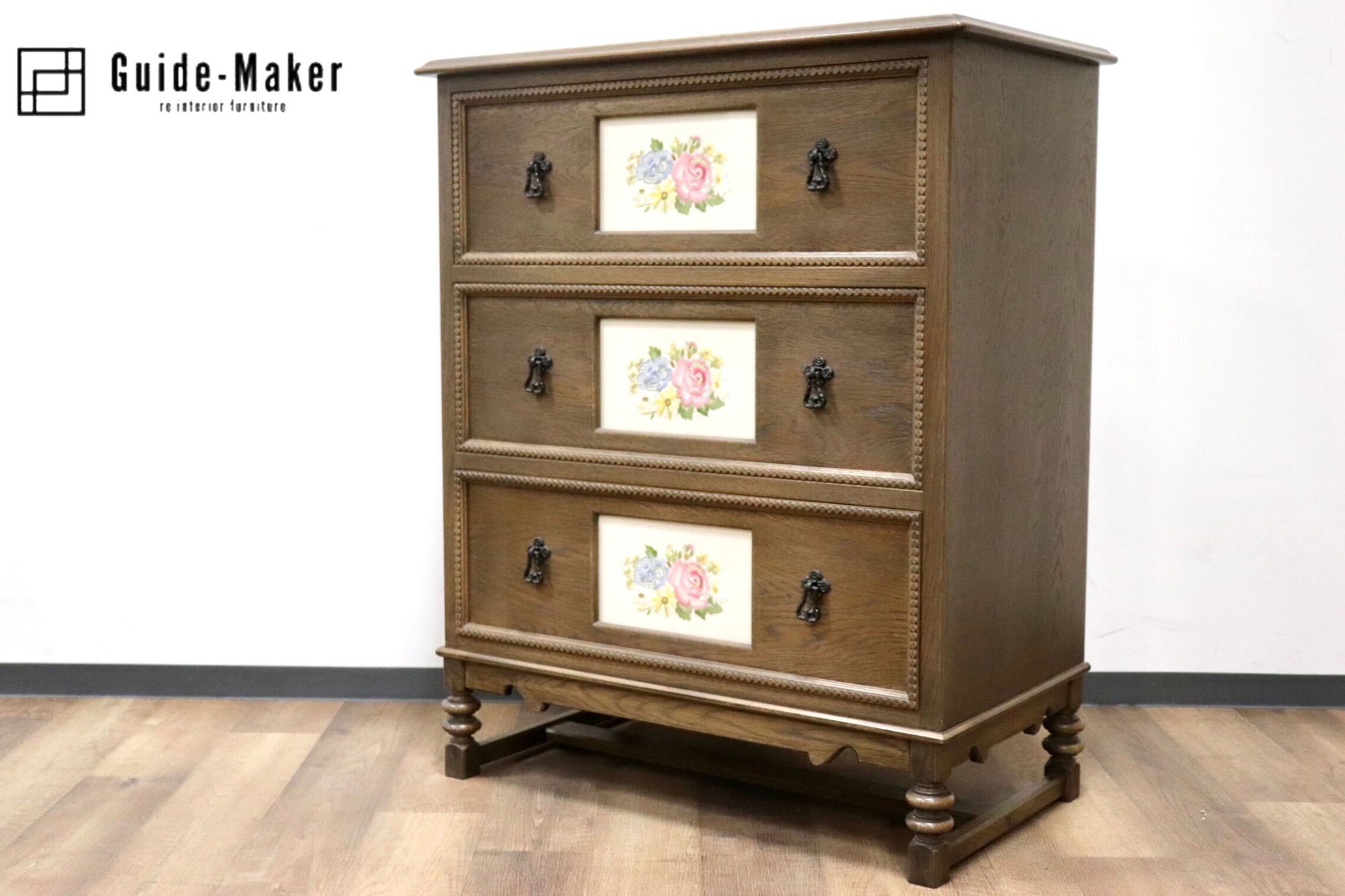 GMGN349○神戸家具 洋家具 伊藤家具 3段チェスト 整理タンス 彫刻 オーク材 クラシカル 花柄 和製ヴィンテージ アンティーク 検)永田良介