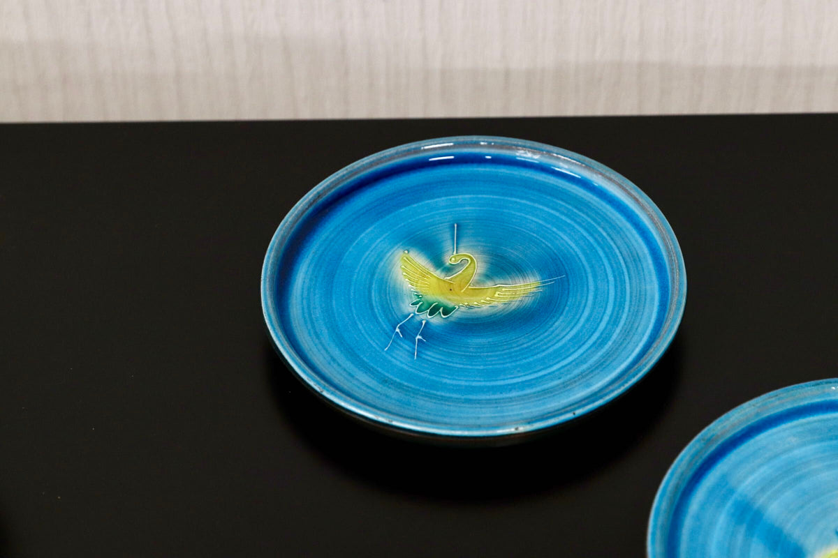 GMJO136D○トルコ青釉 色絵動物文 絵替銘々皿 五客揃 在銘 陶印 茶道具 懐石道具 和食器