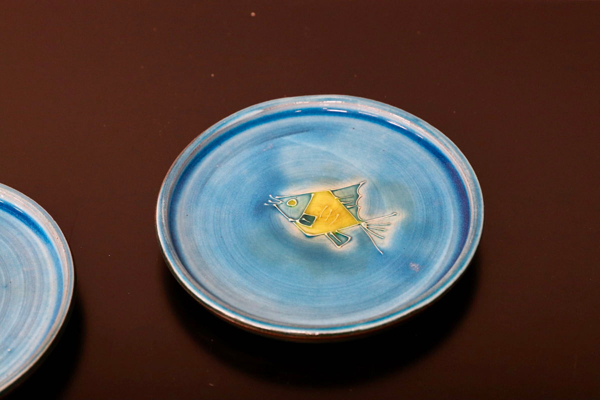 GMJO136D○トルコ青釉 色絵動物文 絵替銘々皿 五客揃 在銘 陶印 茶道具 懐石道具 和食器