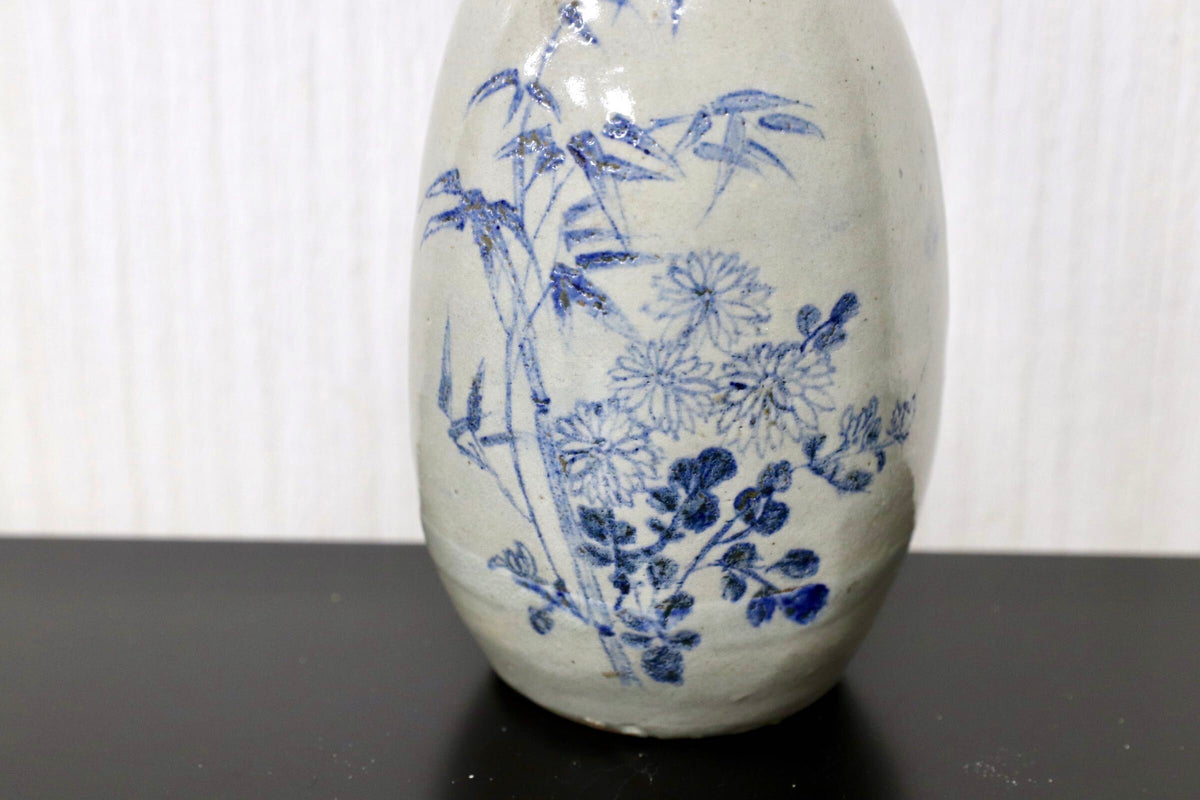 GMJO136F○染付 草花文 鶴首花入 花瓶 在銘 呉須 古陶磁 茶道具 華道具 古美術