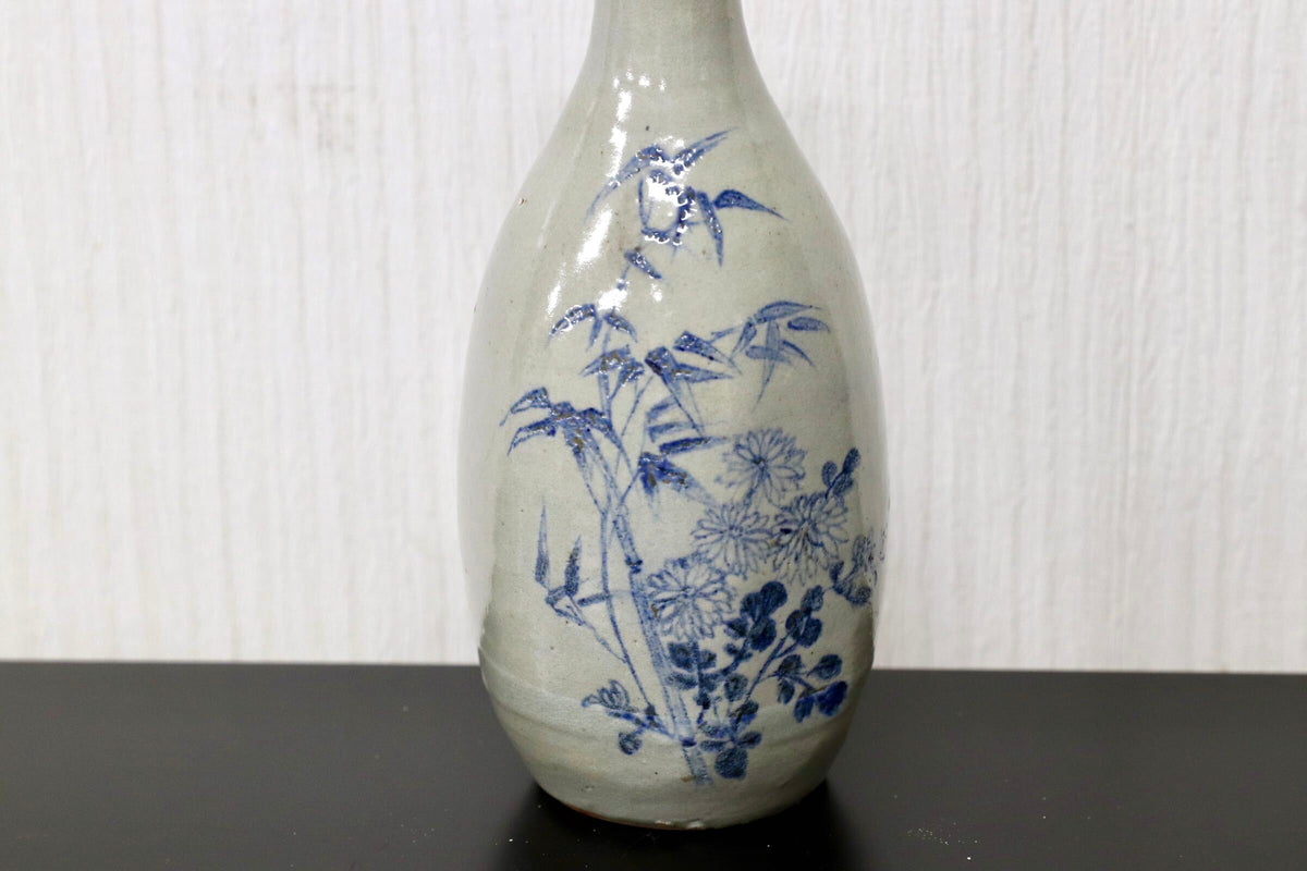 GMJO136F○染付 草花文 鶴首花入 花瓶 在銘 呉須 古陶磁 茶道具 華道具 古美術