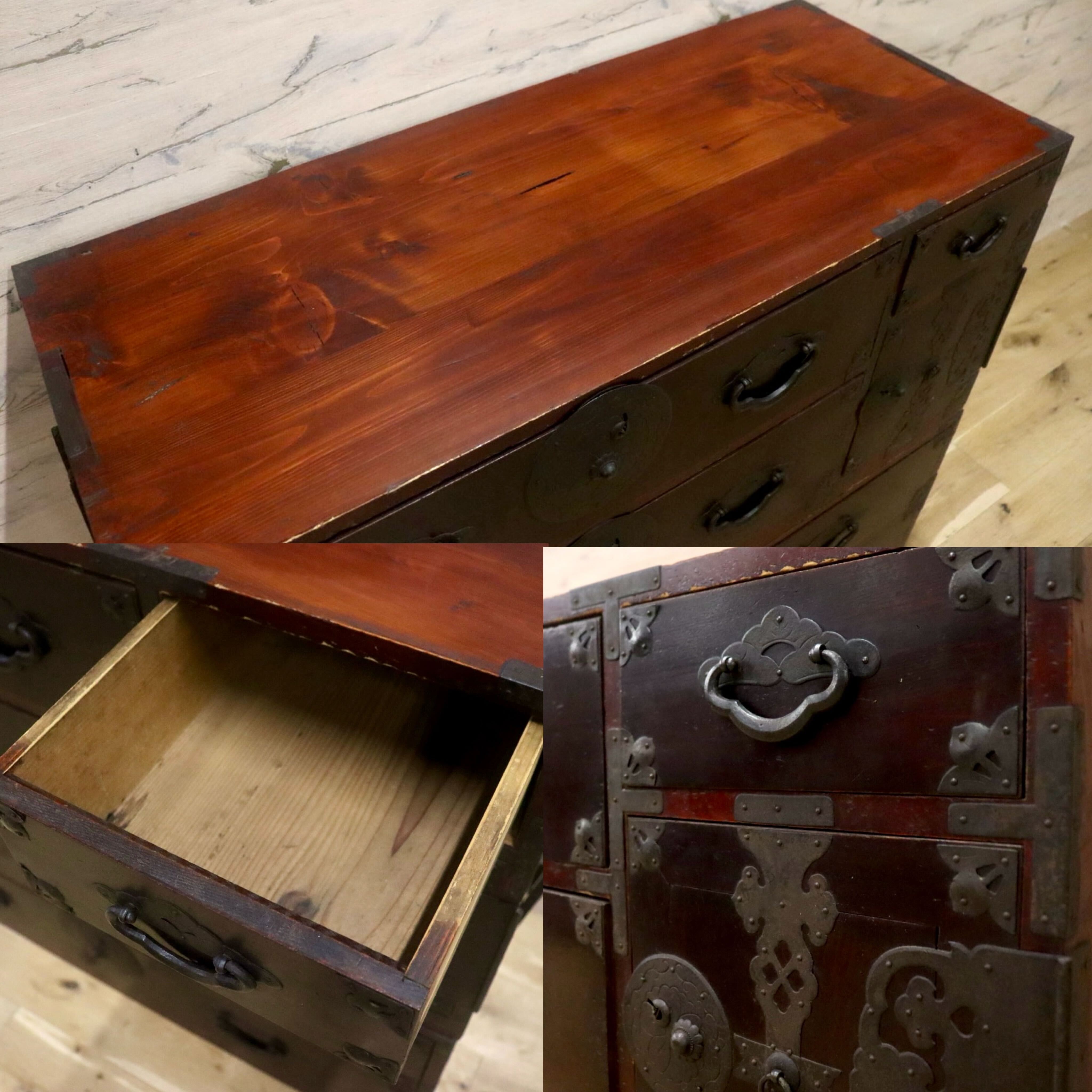 GMJH97○時代箪笥 二段重ね 収納家具 整理箪笥 和家具 古民家 古道具 タンス 鉄金具 和モダン 和製アンティーク ヴィンテージ レトロ