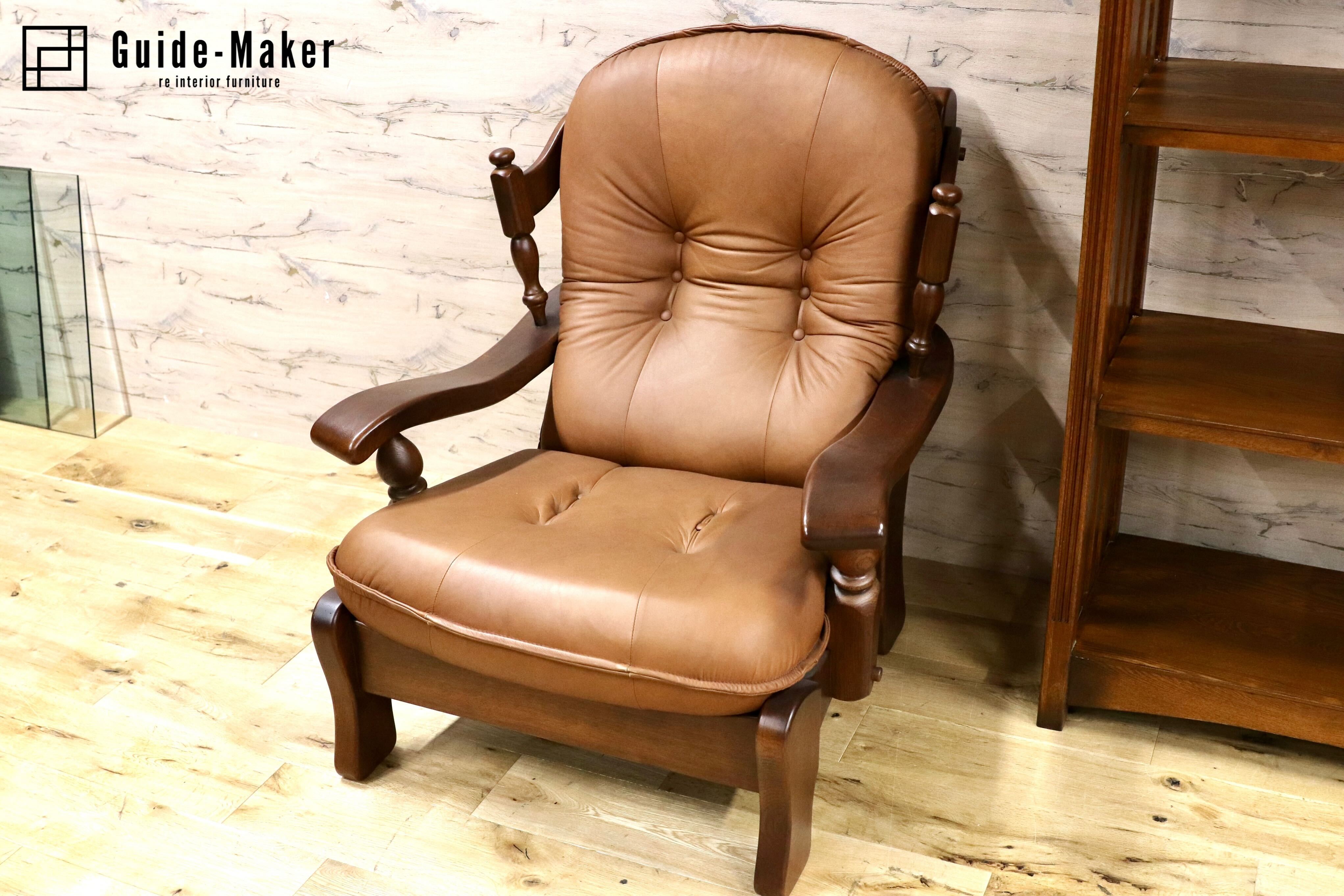 GMFN177○オランダ製 ダッチカントリー シングルソファ 1人掛けソファ 本革 レザー オーク無垢材 ラウンジチェア リビング 応接