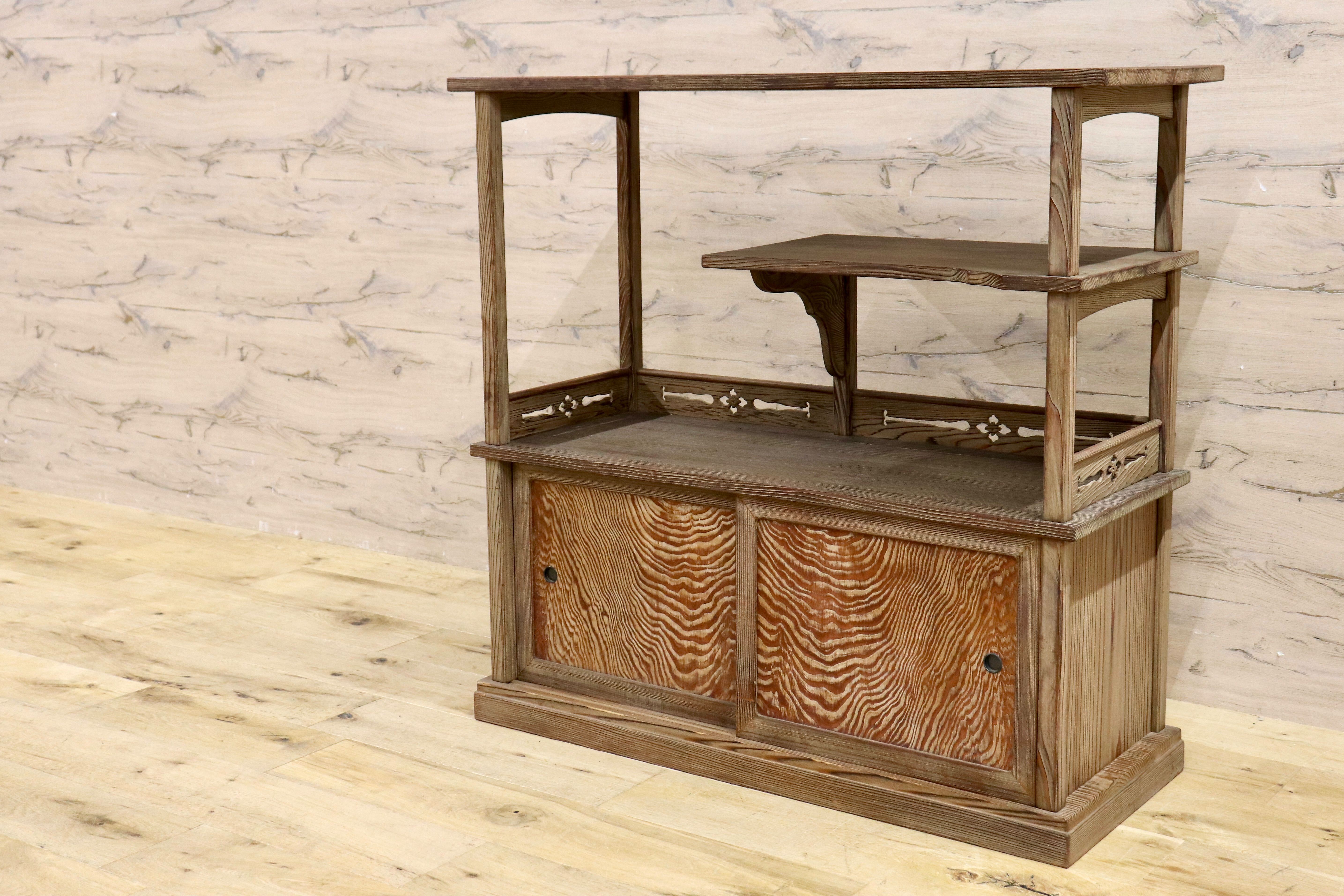 GMIS64○茶棚 茶箪笥 飾り棚 戸棚 無垢 透し彫り 和家具 和室 和モダン 古道具 古民家 アンティーク ヴィンテージ レトロ