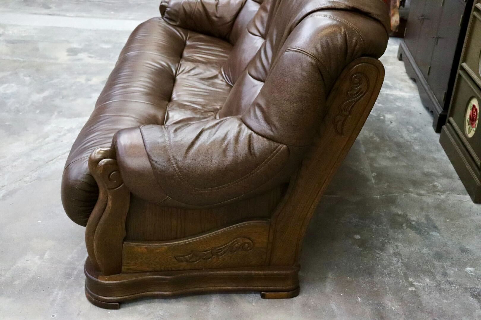 GMIK622○オランダ製 ダッチカントリー 3人掛けソファ トリプルソファ 長椅子 楢材 本革 ブラウン クラシック ヴィンテージ 約60万