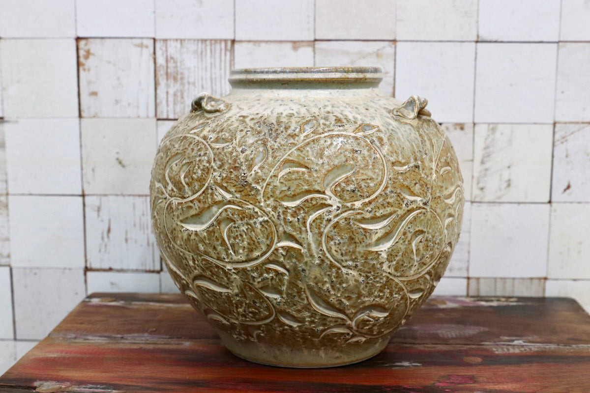 GMJO136H○南紀 御浜窯 御浜釉 唐草紋 花瓶 壺 花器 共箱