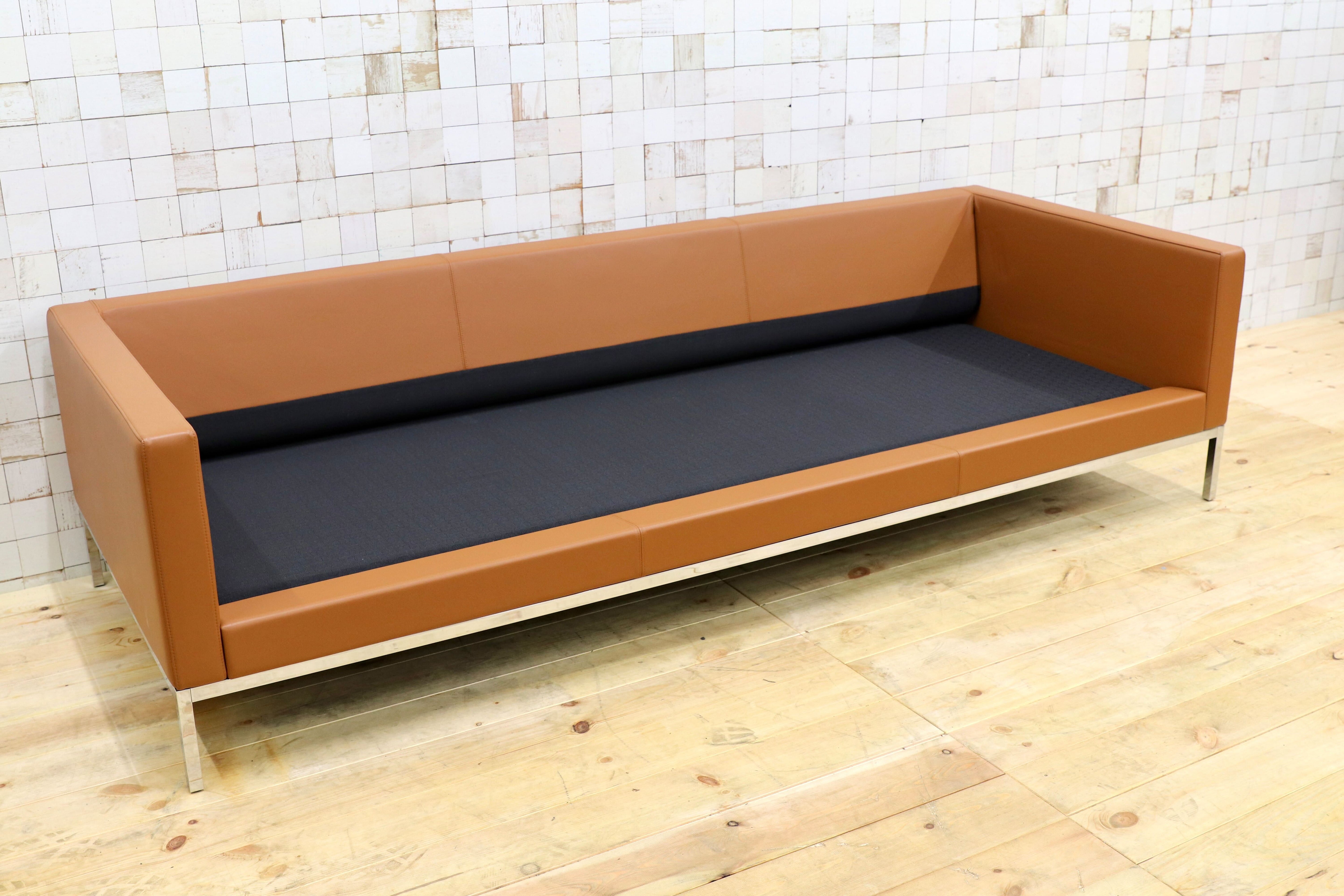 GMHN238○Knoll / ノル Florence Knoll Collection Relax Sofa 3人掛けソファ 本革 ライトブラウン ショールーム展示品 定価285万※発送不可