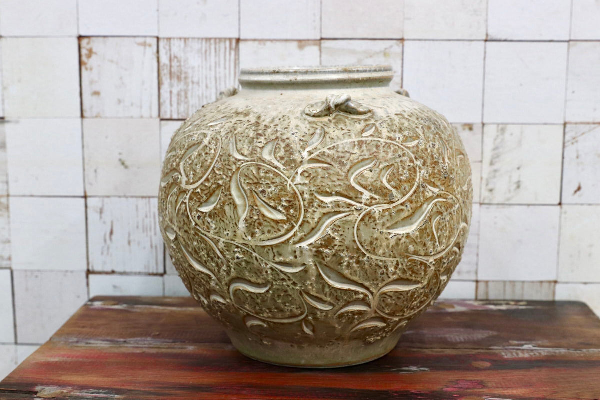 GMJO136H○南紀 御浜窯 御浜釉 唐草紋 花瓶 壺 花器 共箱