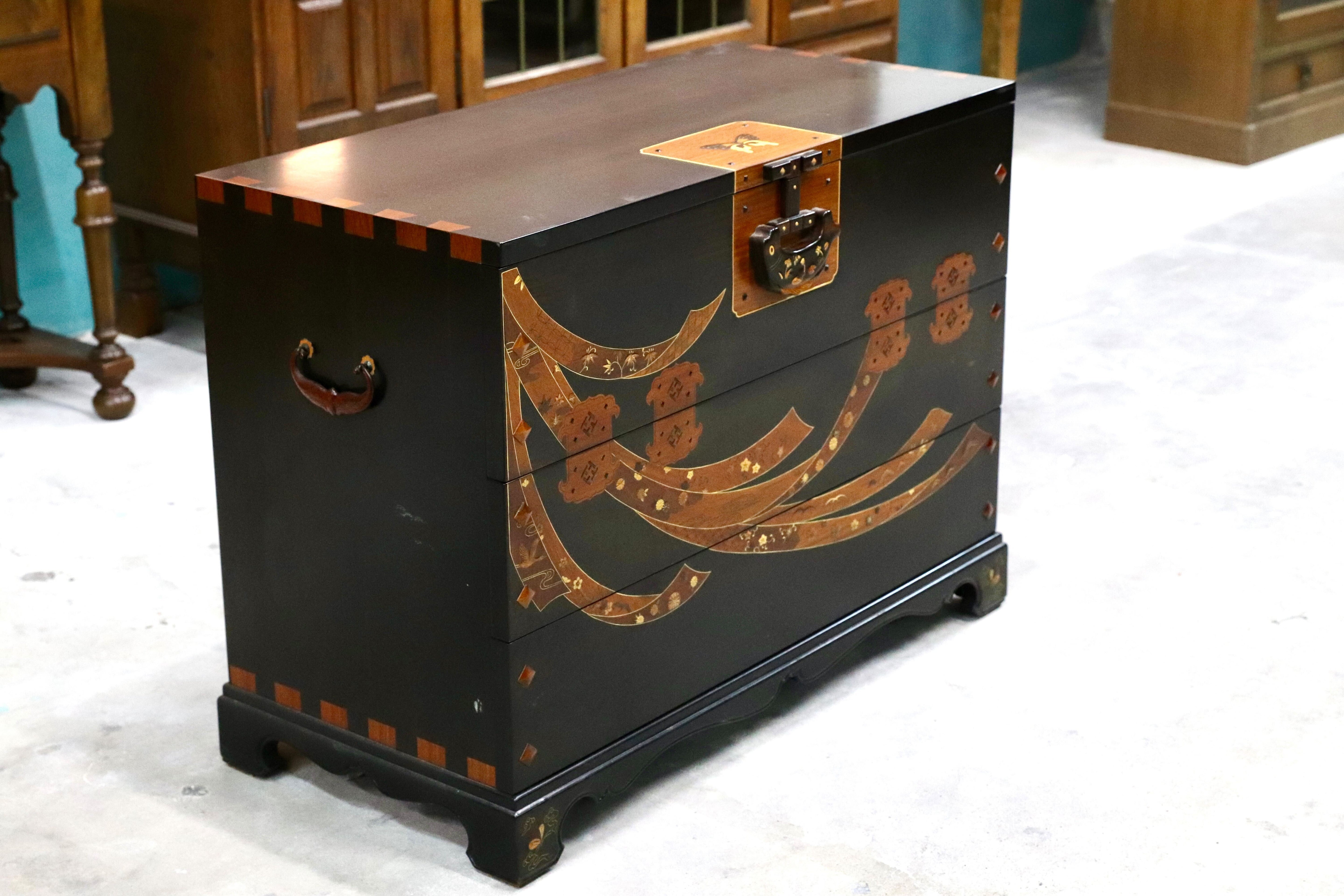 GMIH71○寄木 木象嵌 緻密埋木 唐木家具 チェスト サイドボード 箪笥 和家具 座敷 和室 花梨 黒檀 紫檀 花梨 整理箪笥 アンティーク