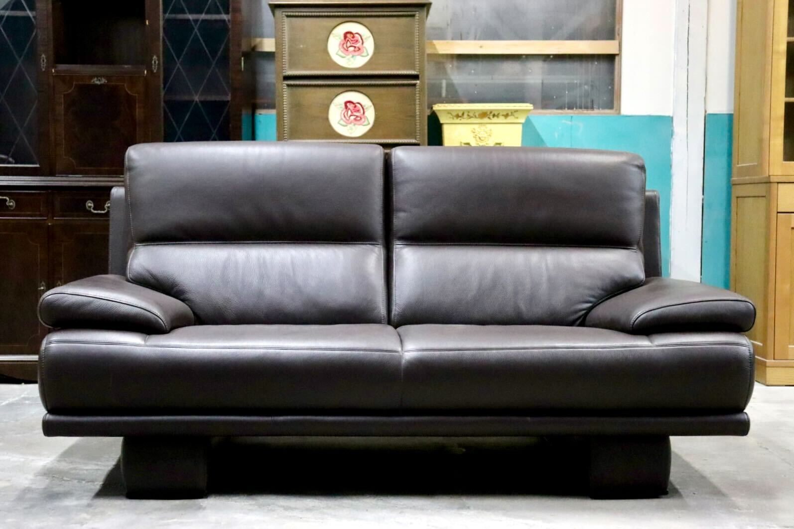 GMIK666○domani / ドマーニ エクセルライフ 2人掛けソファ ラブソファ 本革 ダークブラウン カリモク最高峰 定価約90万 未使用品