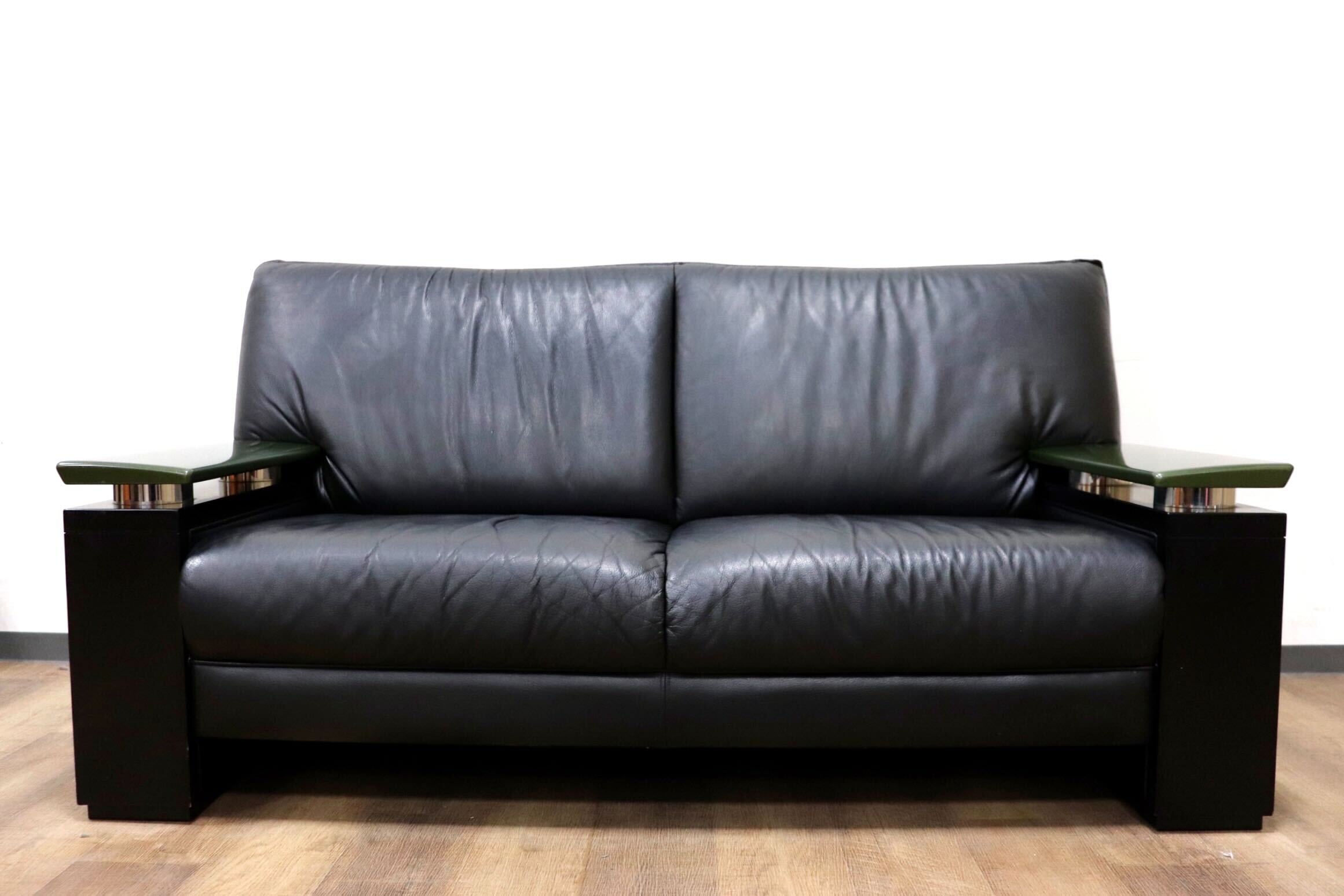 GMHK31○モリシゲ / MORISHIGE GRANT-EX 2人掛けソファ ラブソファ 長椅子 本革 ブラック IDC大塚家具 応接 最高級 大正モダン 定価約44万