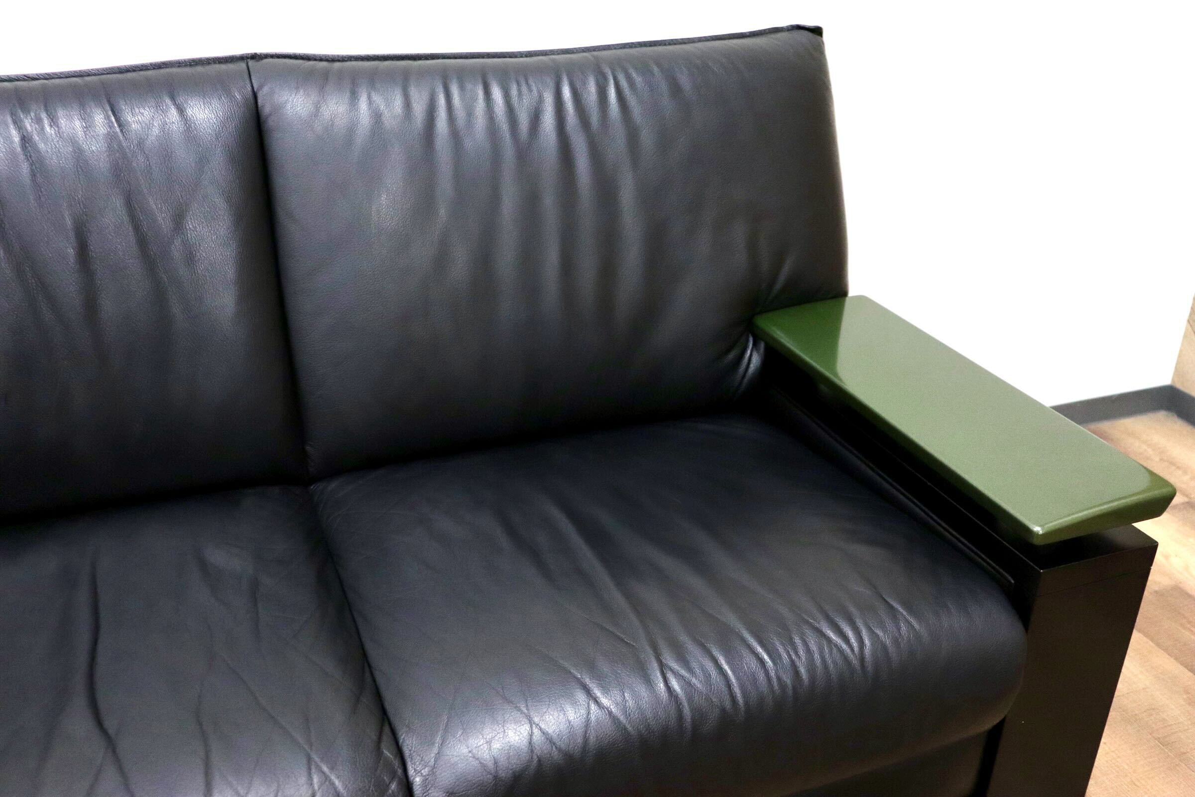 GMHK31○モリシゲ / MORISHIGE GRANT-EX 2人掛けソファ ラブソファ 長椅子 本革 ブラック IDC大塚家具 応接 最高級 大正モダン 定価約44万