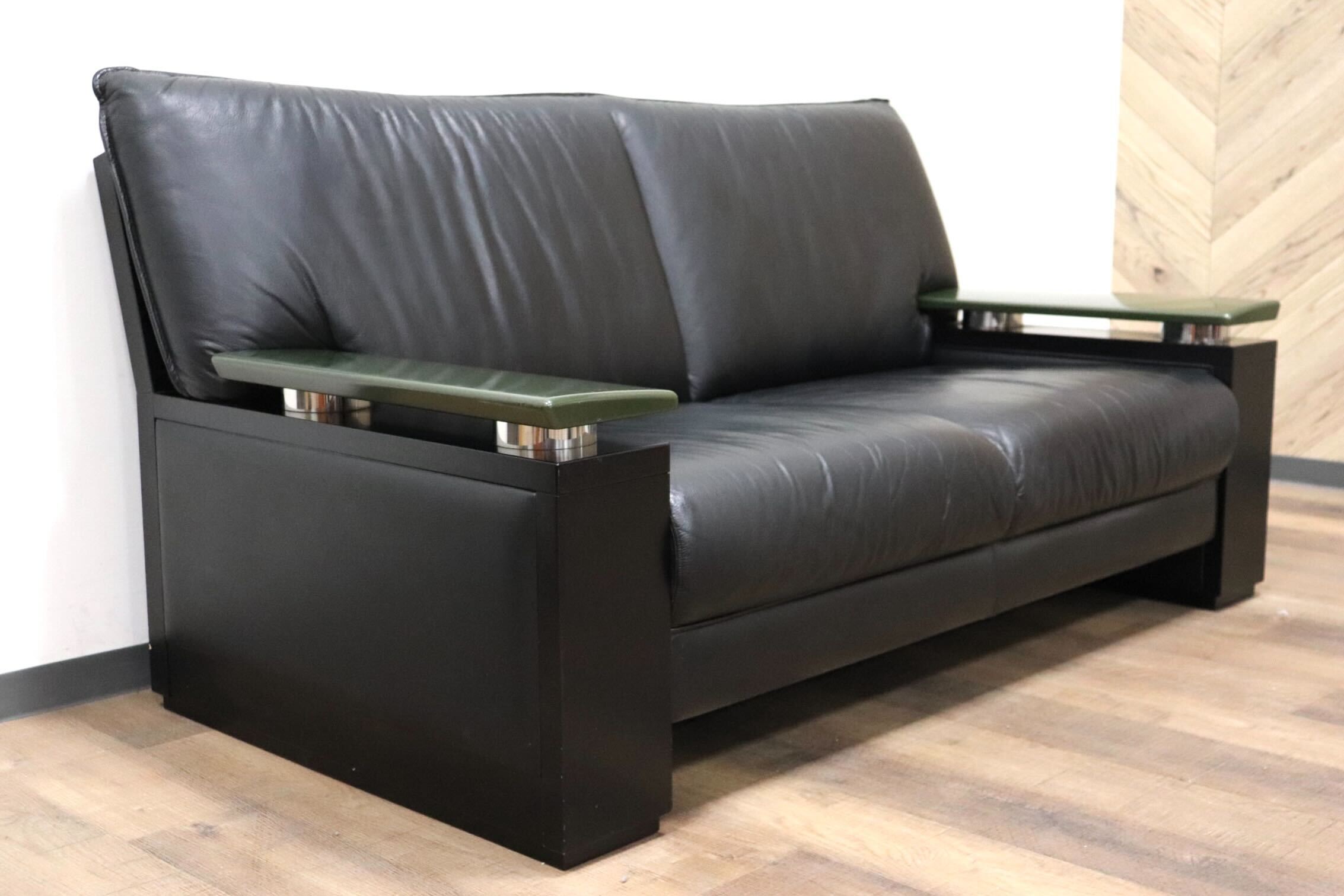 GMHK31○モリシゲ / MORISHIGE GRANT-EX 2人掛けソファ ラブソファ 長椅子 本革 ブラック IDC大塚家具 応接 最高級 大正モダン 定価約44万