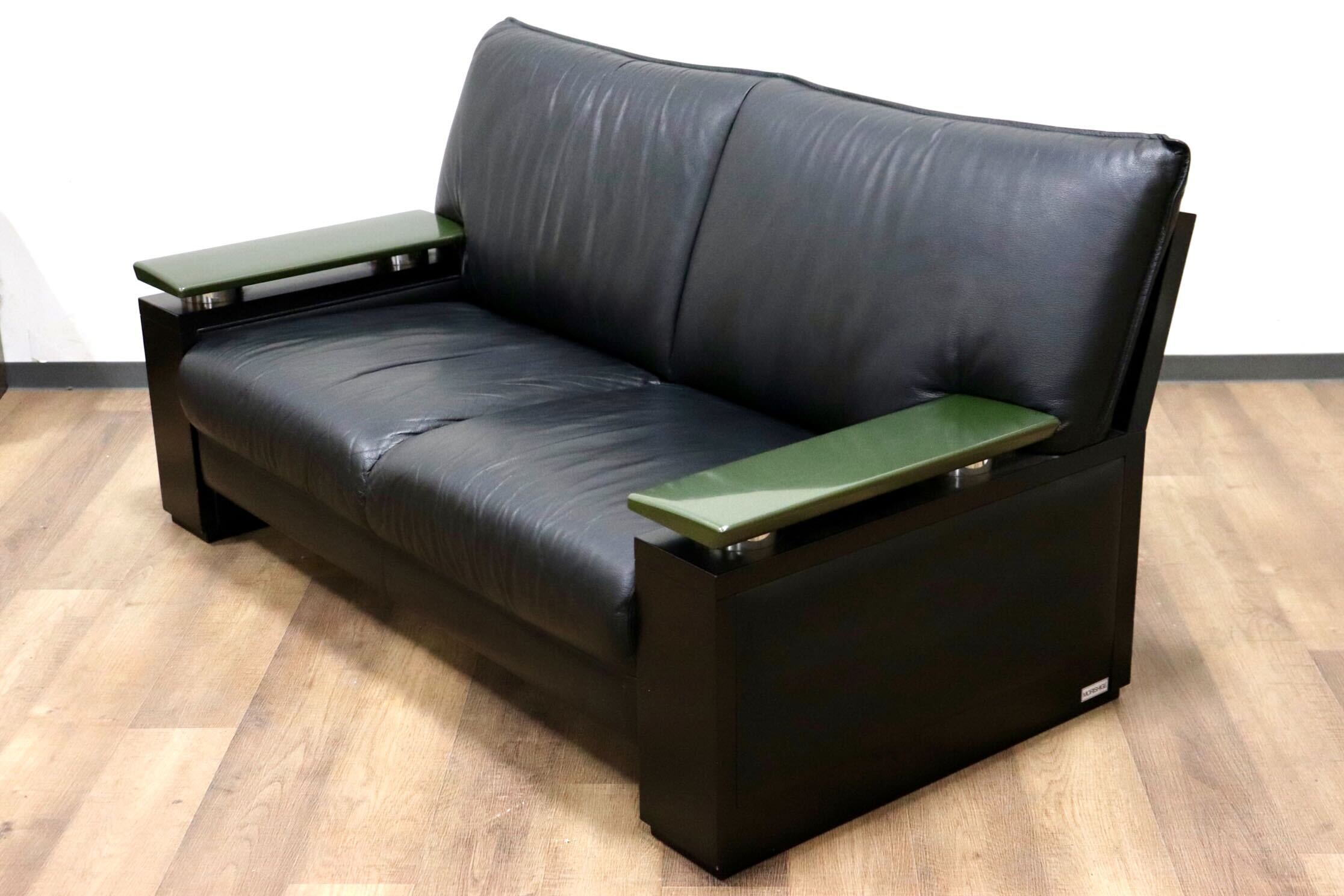 GMHK31○モリシゲ / MORISHIGE GRANT-EX 2人掛けソファ ラブソファ 長椅子 本革 ブラック IDC大塚家具 応接 最高級 大正モダン 定価約44万