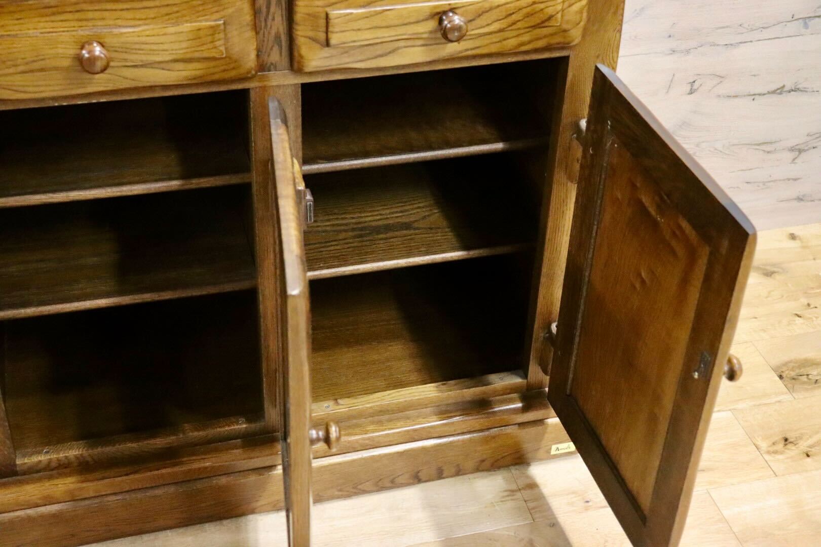 GMIS348○河本家具 / Molis 旭川家具 キャビネット サイドボード リビングボード 飾り棚 オーク無垢材 カントリー ヴィンテージ 美品