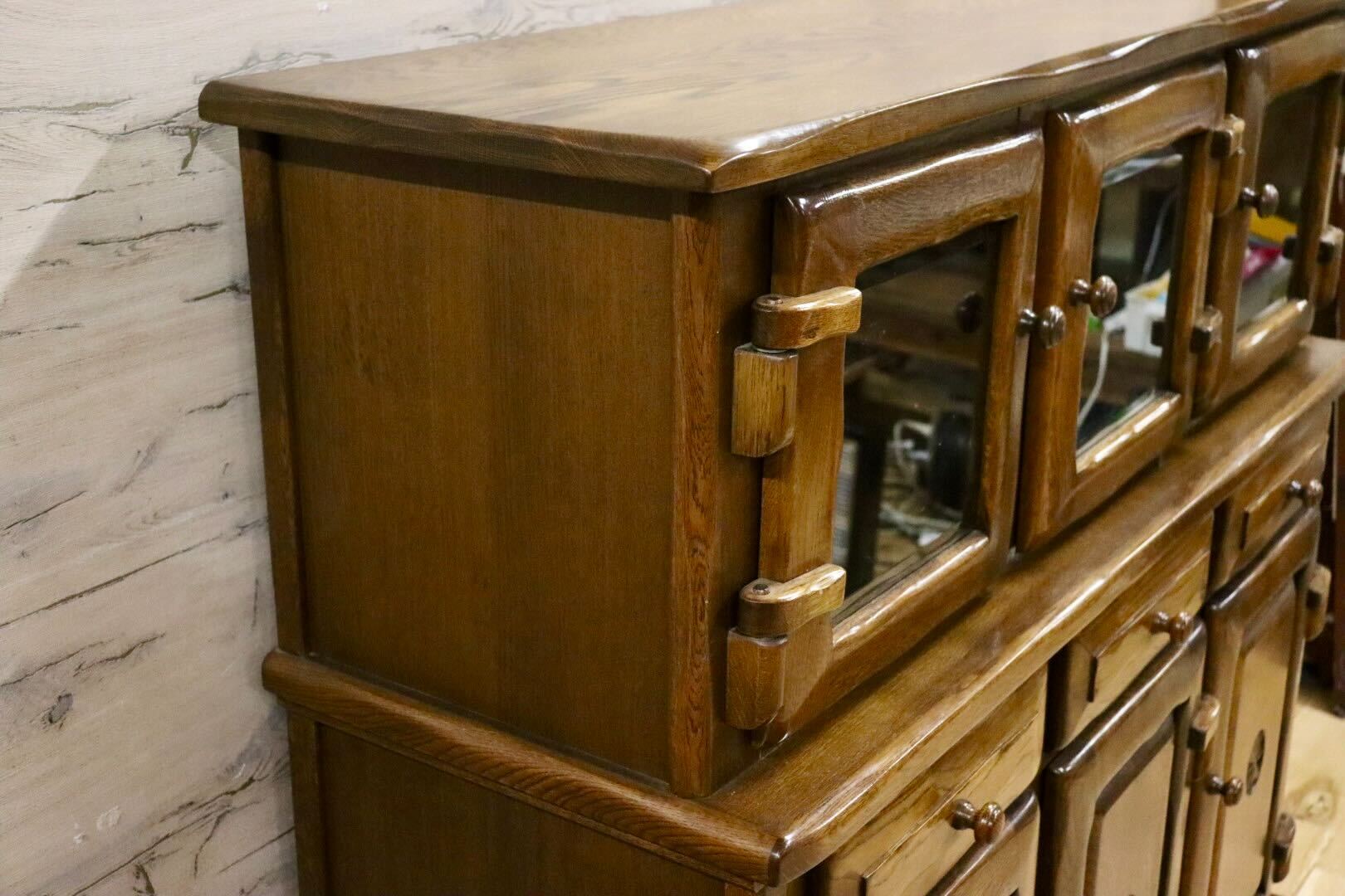 GMIS348○河本家具 / Molis 旭川家具 キャビネット サイドボード リビングボード 飾り棚 オーク無垢材 カントリー ヴィンテージ 美品