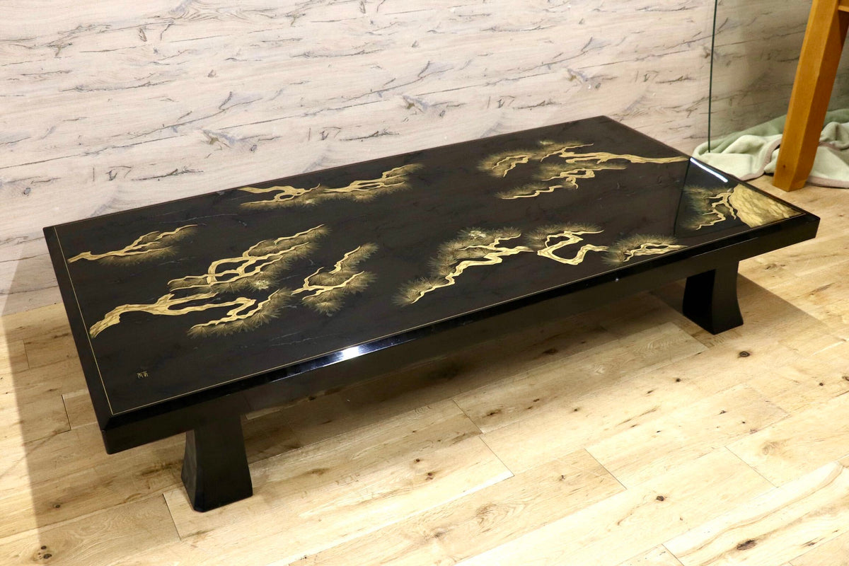 GMJH350◯伝統工芸 輪島塗 本嘉作 松文沈金 黒漆 座卓 座敷机 ローテーブル センターテーブル 漆芸 和家具 アンティーク 高級家具