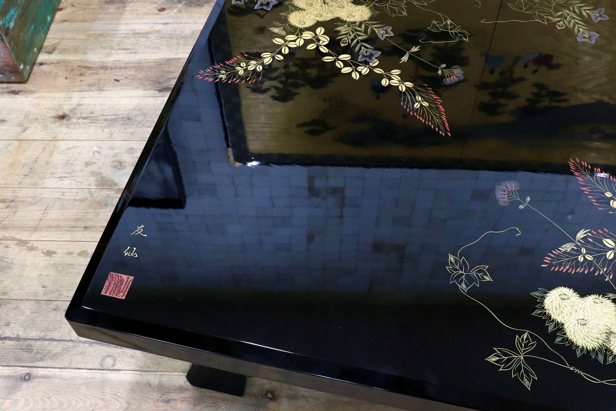 GMJS316○輪島塗 友仙作 草花蒔絵 座卓 センターテーブル リビングテーブル 黒漆塗り 漆芸 伝統工芸 和家具 高級座敷机 約100万