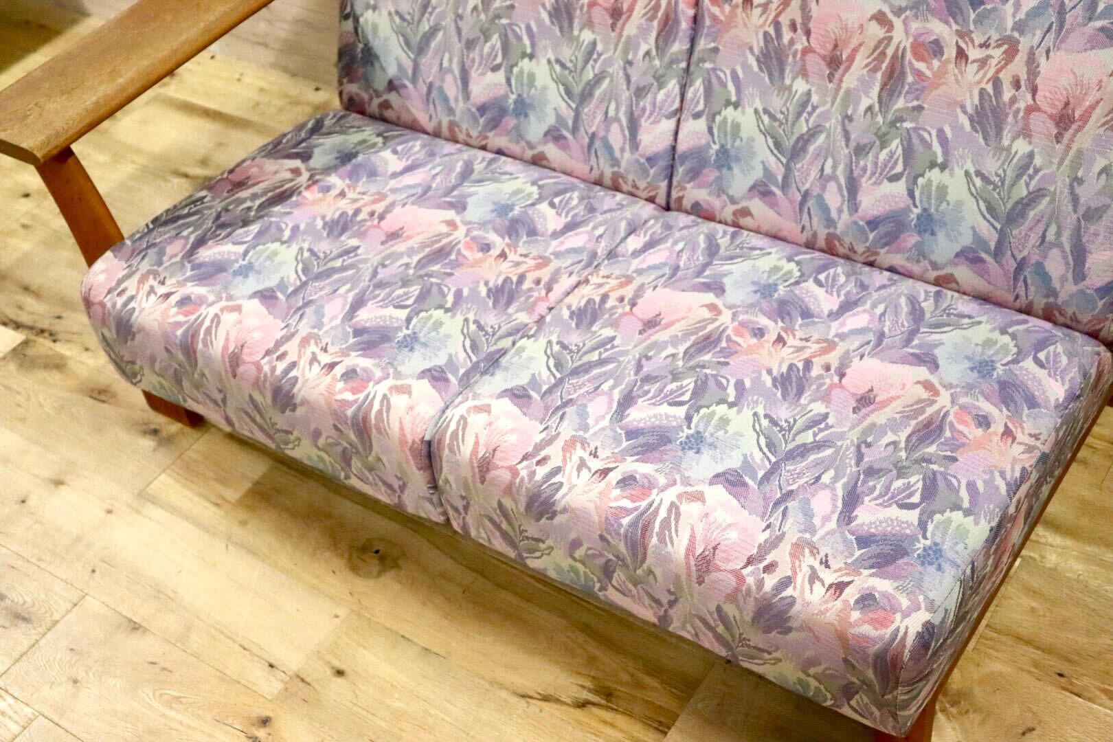 GMHK247A○TECHNA / テクナ 右肘アームソファ 2人掛けソファ ラブソファ ファブリック 花柄 IDC大塚家具 希少 アンティーク ヴィンテージ