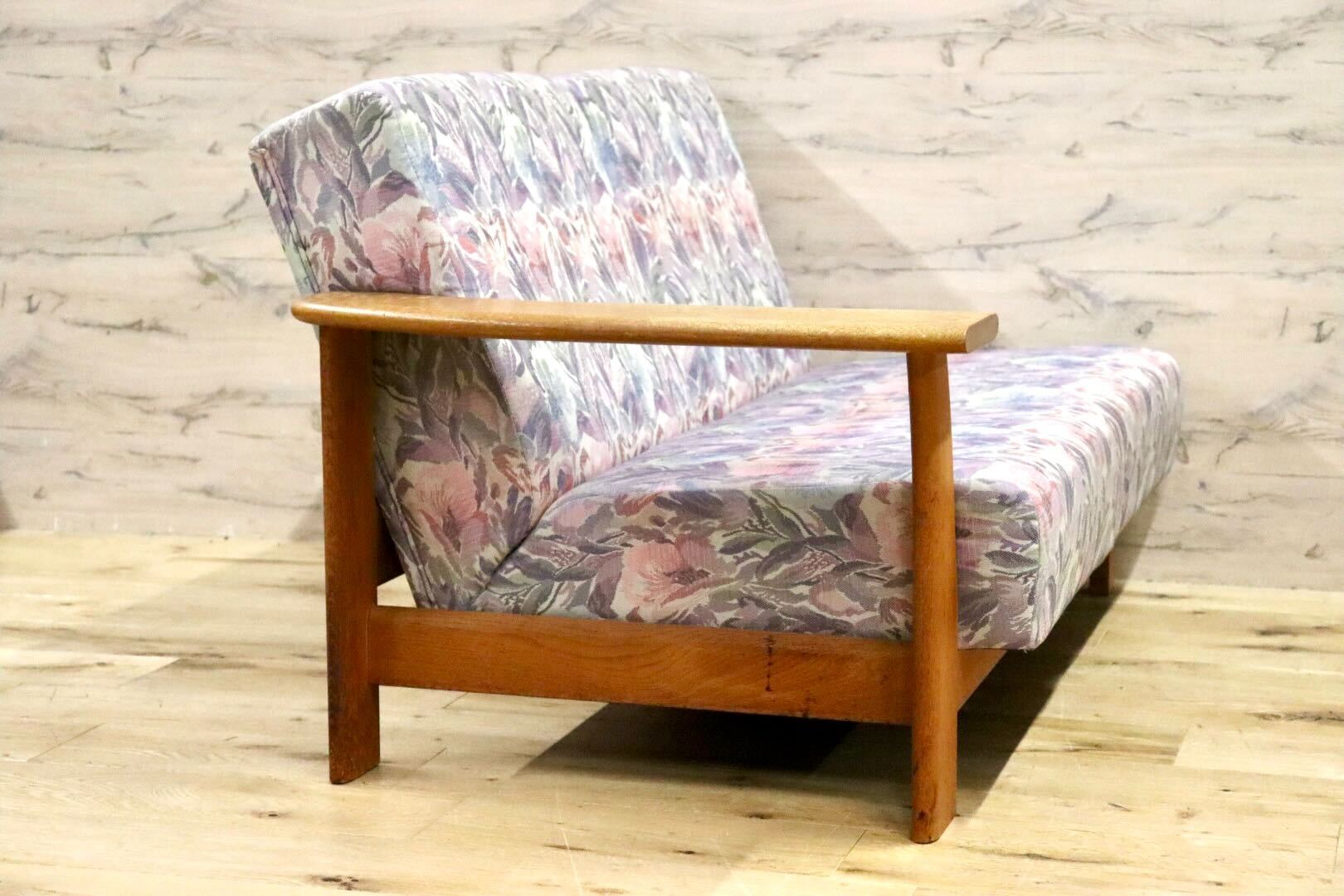 GMHK247A○TECHNA / テクナ 右肘アームソファ 2人掛けソファ ラブソファ ファブリック 花柄 IDC大塚家具 希少 アンティーク ヴィンテージ