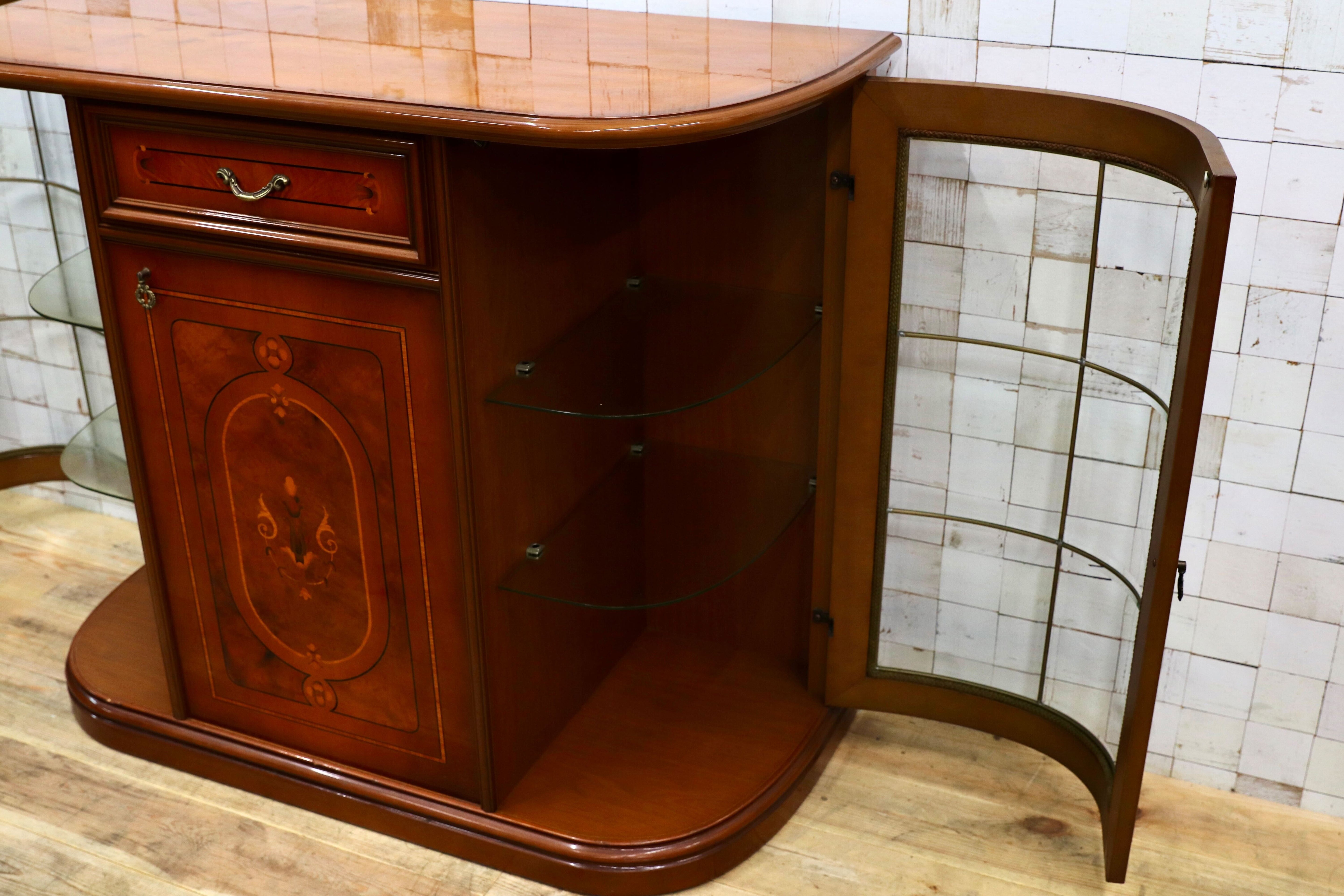 GMIS328○イタリア クラシック アンティーク サイドボード リビングボード 象嵌細工 キャビネット 店舗什器 キュリオケース