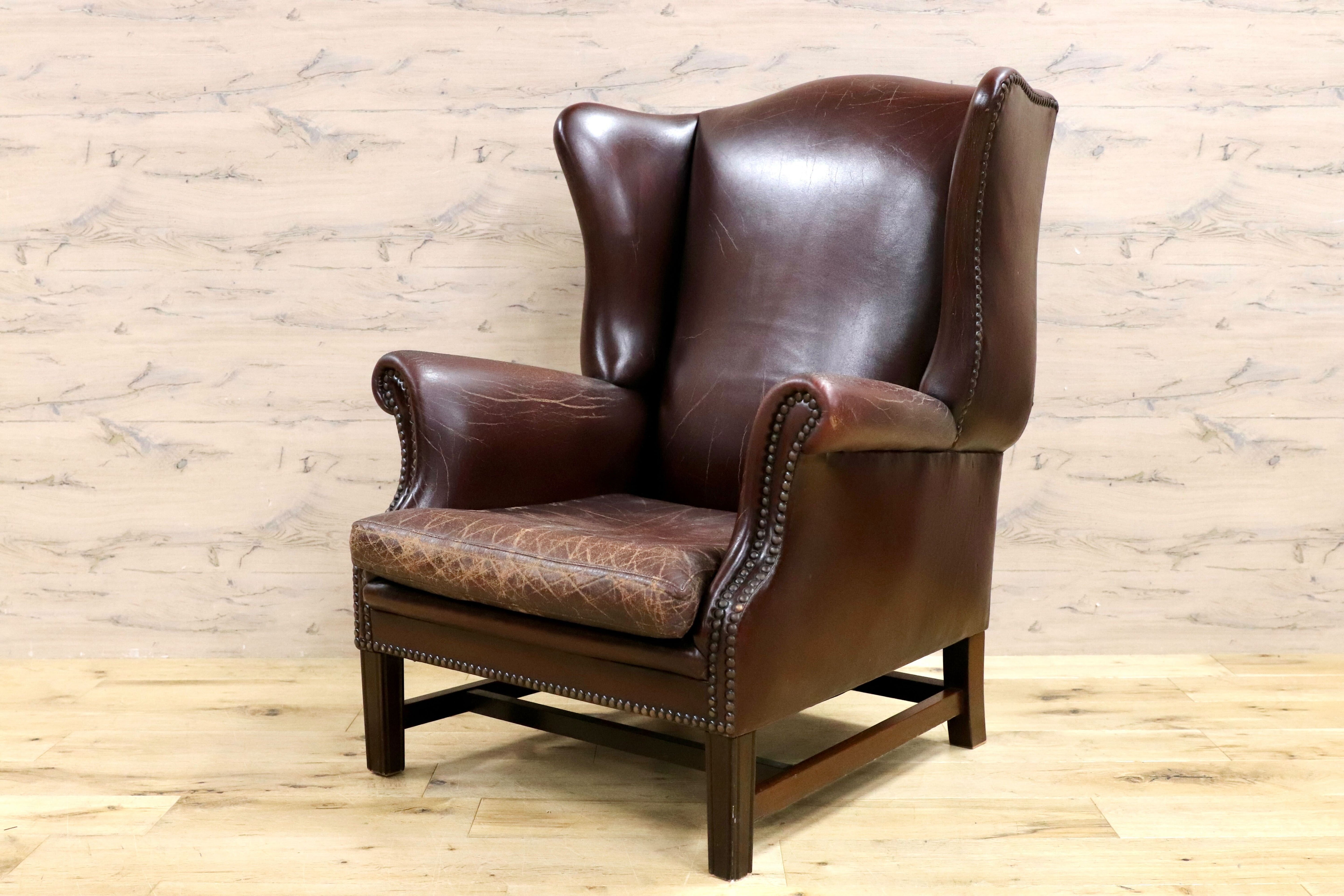 GMHK525○西洋 英国 ヴィンテージ ヴィクトリアン ウイングバックチェア ラウンジチェア 本革 アンティーク 椅子 クラシック サロンチェア