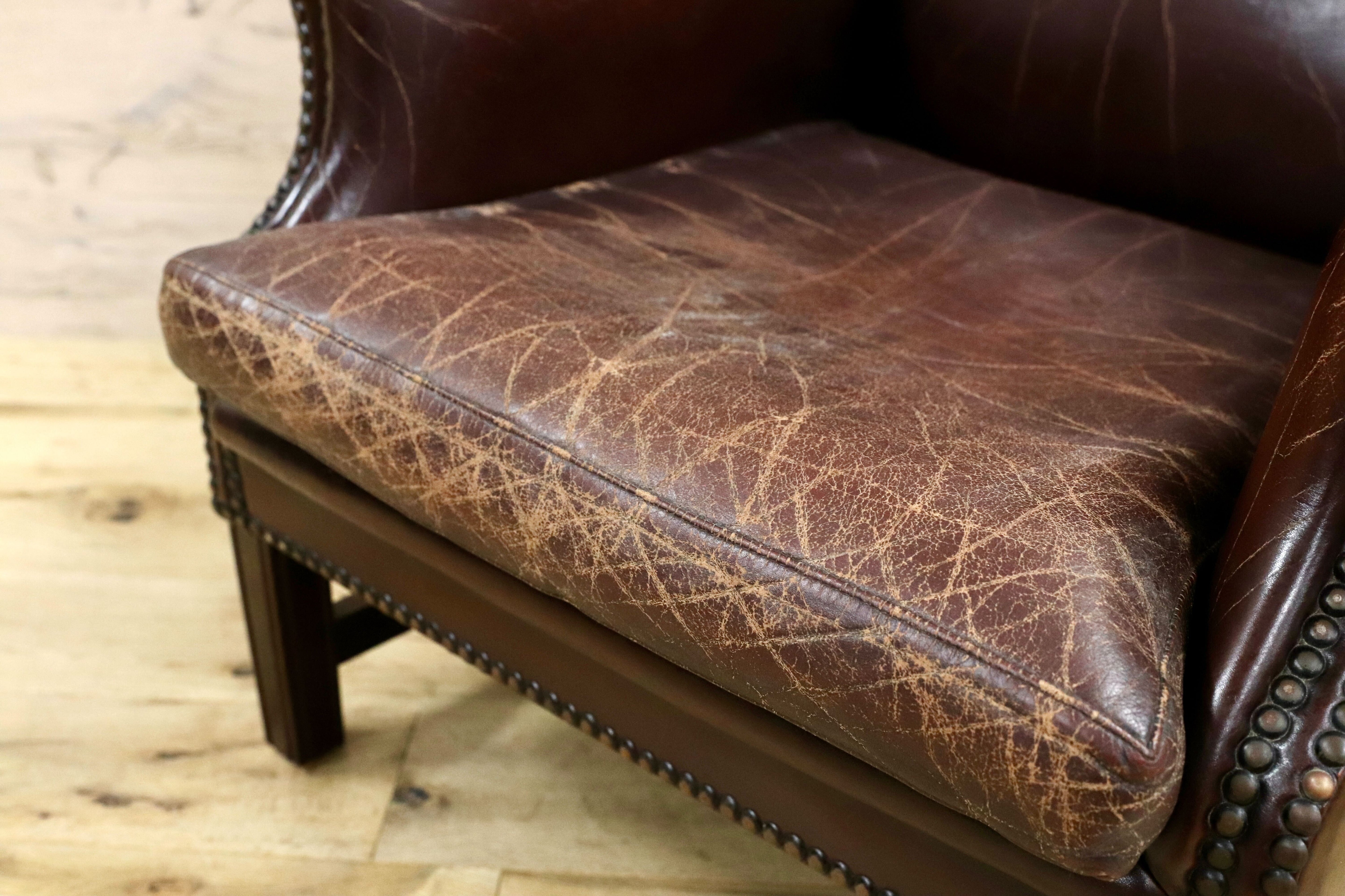 GMHK525○西洋 英国 ヴィンテージ ヴィクトリアン ウイングバックチェア ラウンジチェア 本革 アンティーク 椅子 クラシック サロンチェア