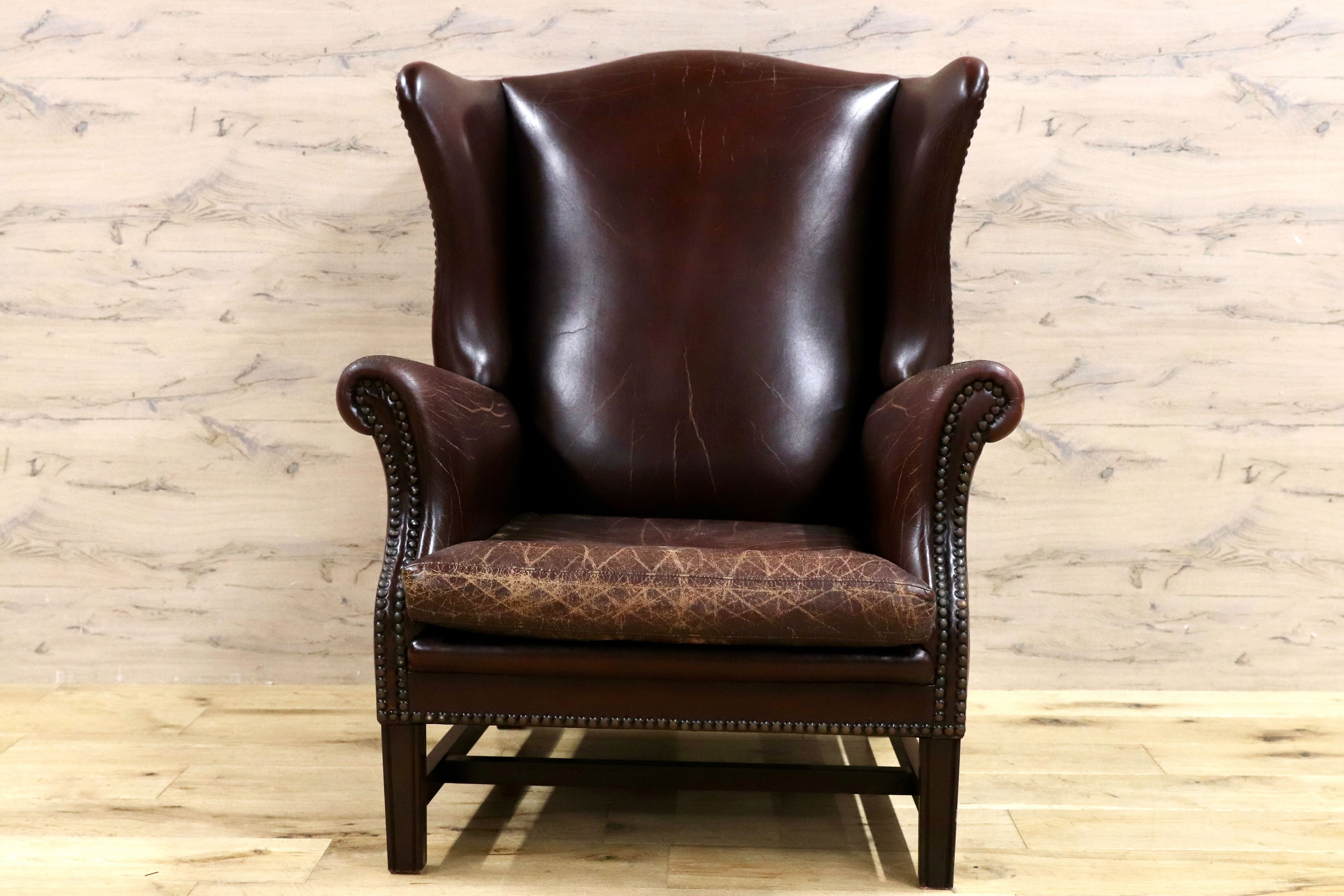 GMHK525○西洋 英国 ヴィンテージ ヴィクトリアン ウイングバックチェア ラウンジチェア 本革 アンティーク 椅子 クラシック サロンチェア