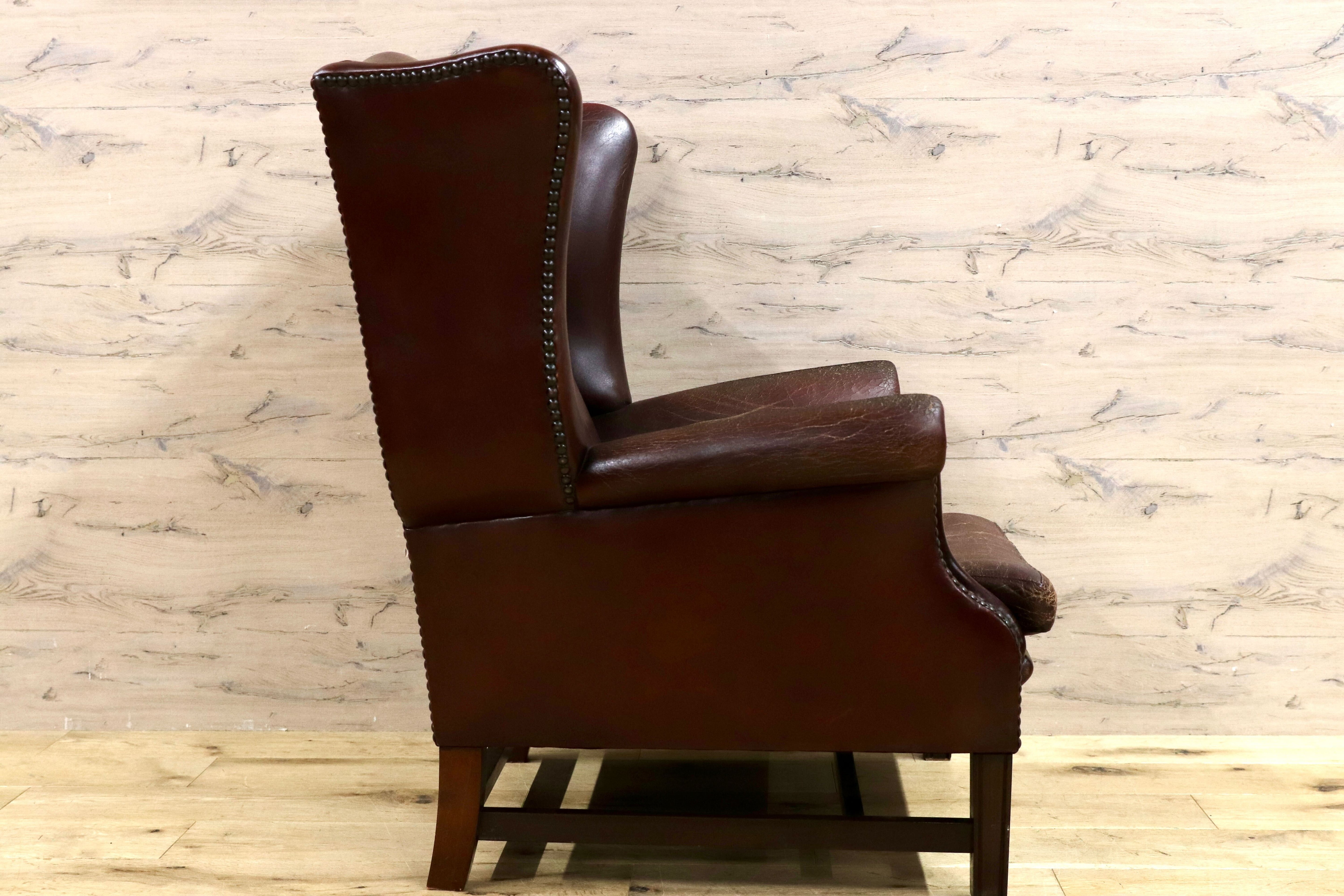 GMHK525○西洋 英国 ヴィンテージ ヴィクトリアン ウイングバックチェア ラウンジチェア 本革 アンティーク 椅子 クラシック サロンチェア