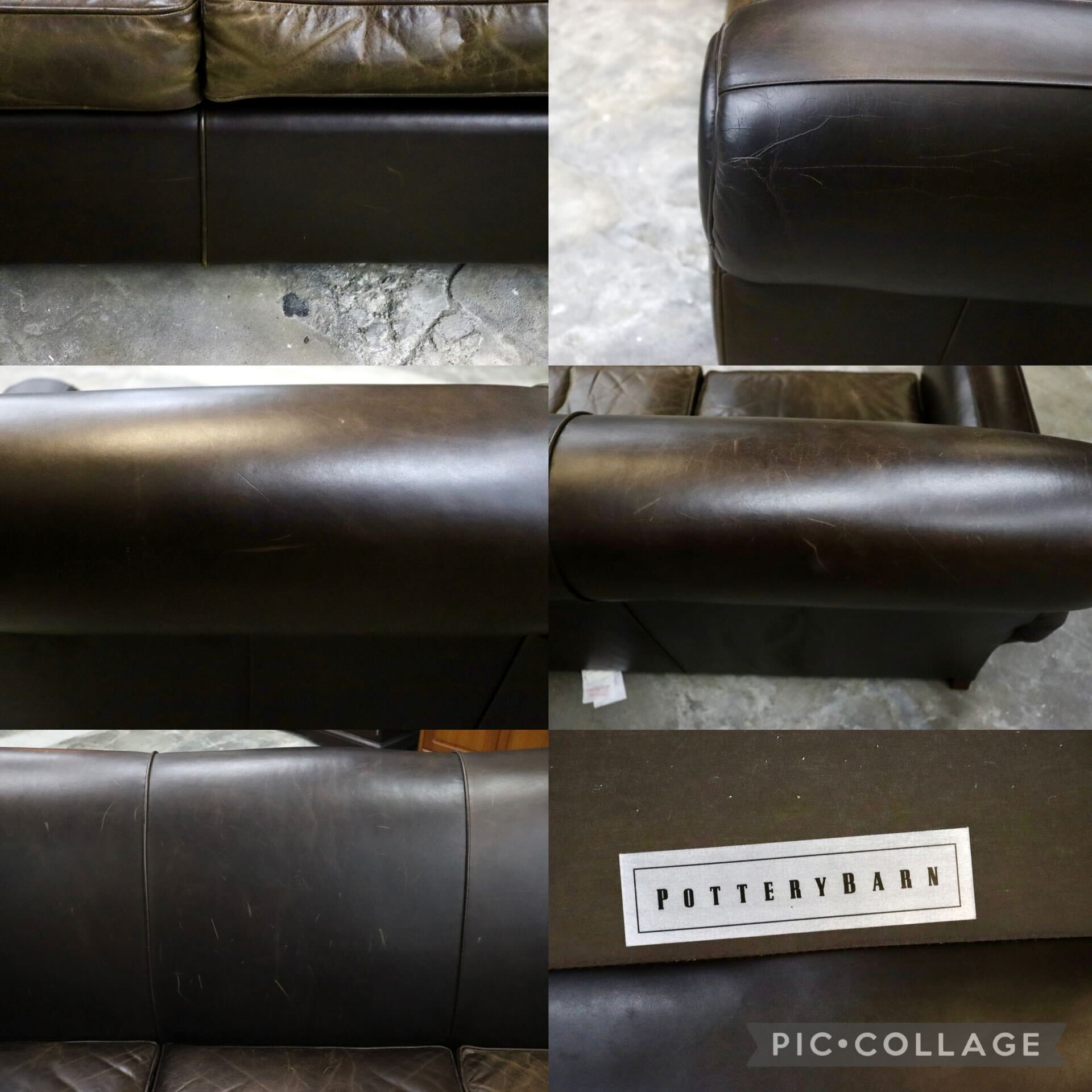 GMIK558○Pottery Barn / ポッタリーバーン 3人掛けソファ トリプルソファ 長椅子 本革 ダークブラウン アメリカ ヴィンテージ