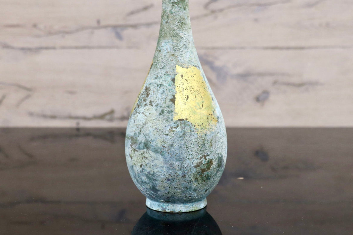 GMJH332BG◯峰雲作 鶴首花瓶 花器 花生 花入 一輪挿し 鋳銅 純金箔 置物 インテリア 陶器 共箱 和モダン