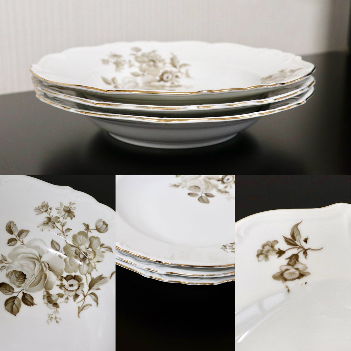 GMJH332C○ヴィンテージ Edelstein Bavaria エーデルシュタイン Maria-Theresia セピアローズ スープボウル 深皿 24cm 3枚セット ドイツ製
