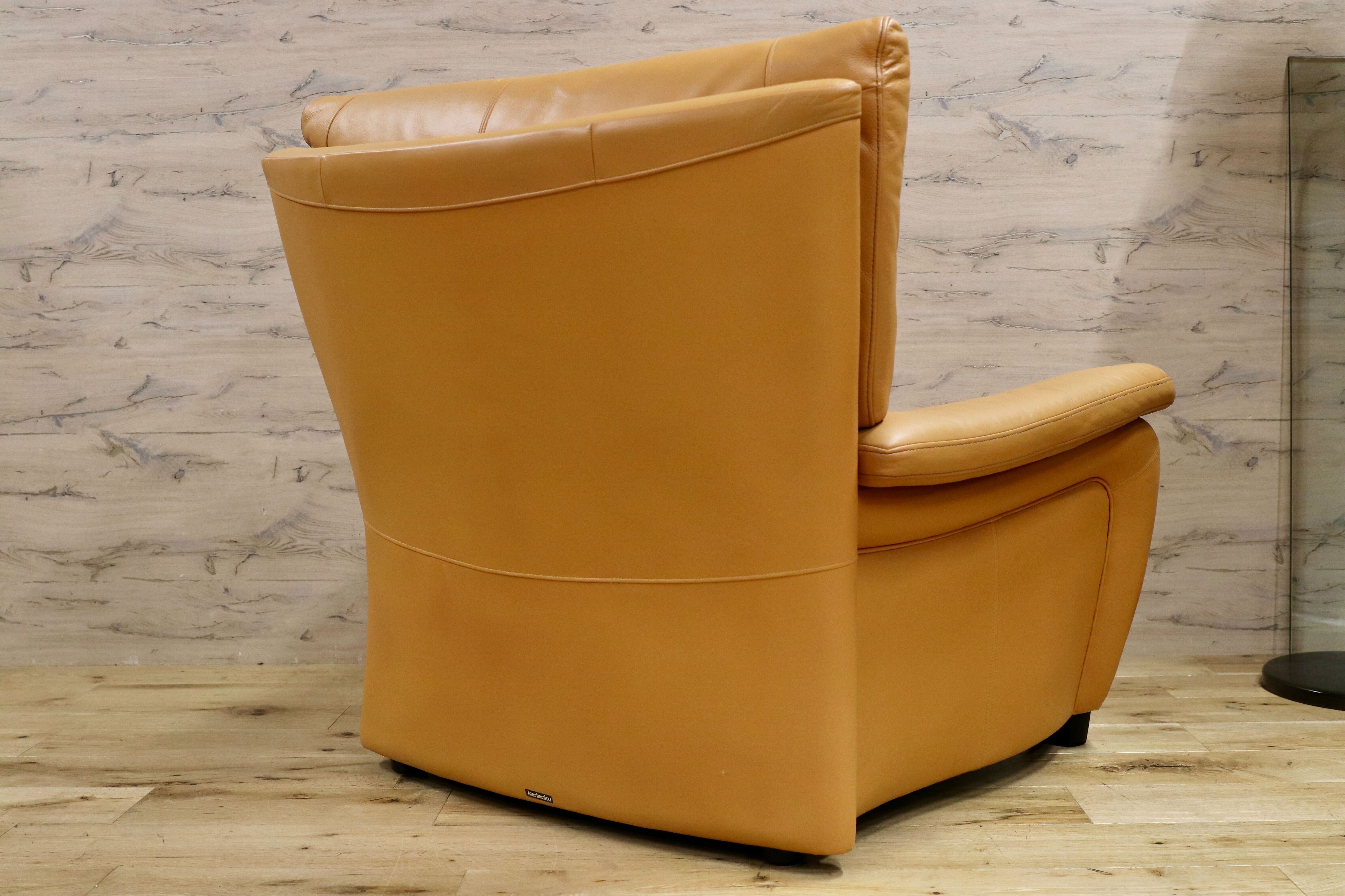 GMHK7○karimoku / カリモク 1人掛けソファ シングルソファ ラウンジチェア 本革 オレンジ モダン 国産家具 安楽椅子