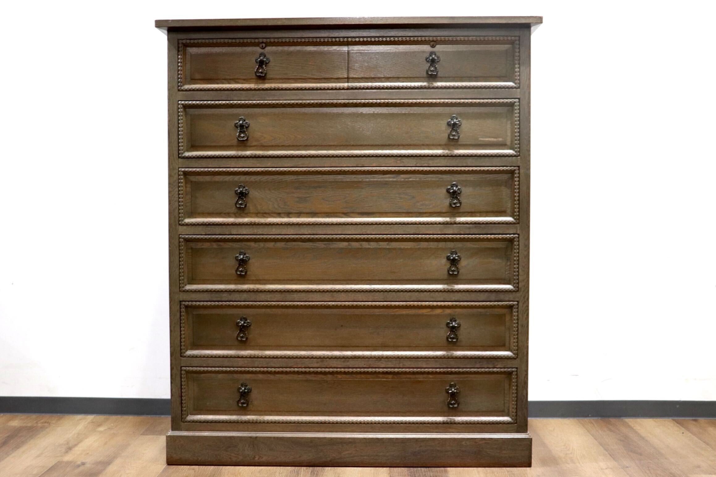 GMHK615○神戸家具 洋家具 6段チェスト 整理タンス 収納家具 彫刻 オーク材 クラシカル 和製ヴィンテージ アンティーク 検)永田良介