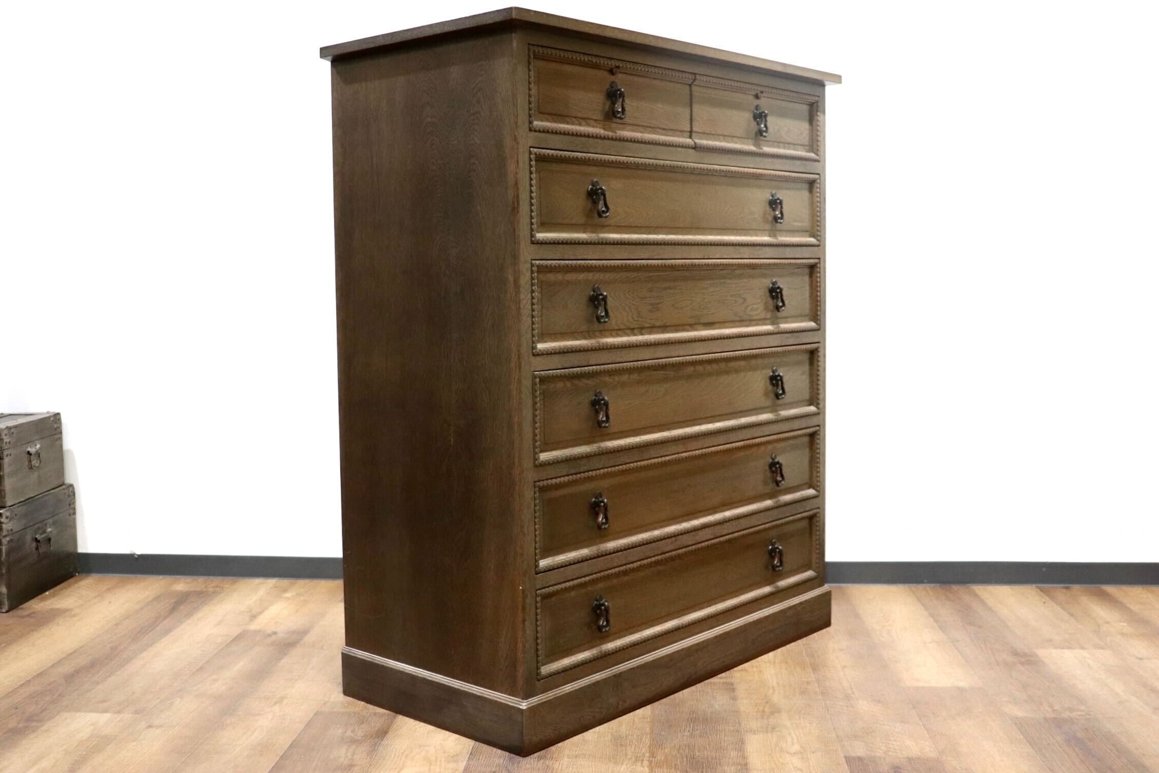 GMHK615○神戸家具 洋家具 6段チェスト 整理タンス 収納家具 彫刻 オーク材 クラシカル 和製ヴィンテージ アンティーク 検)永田良介