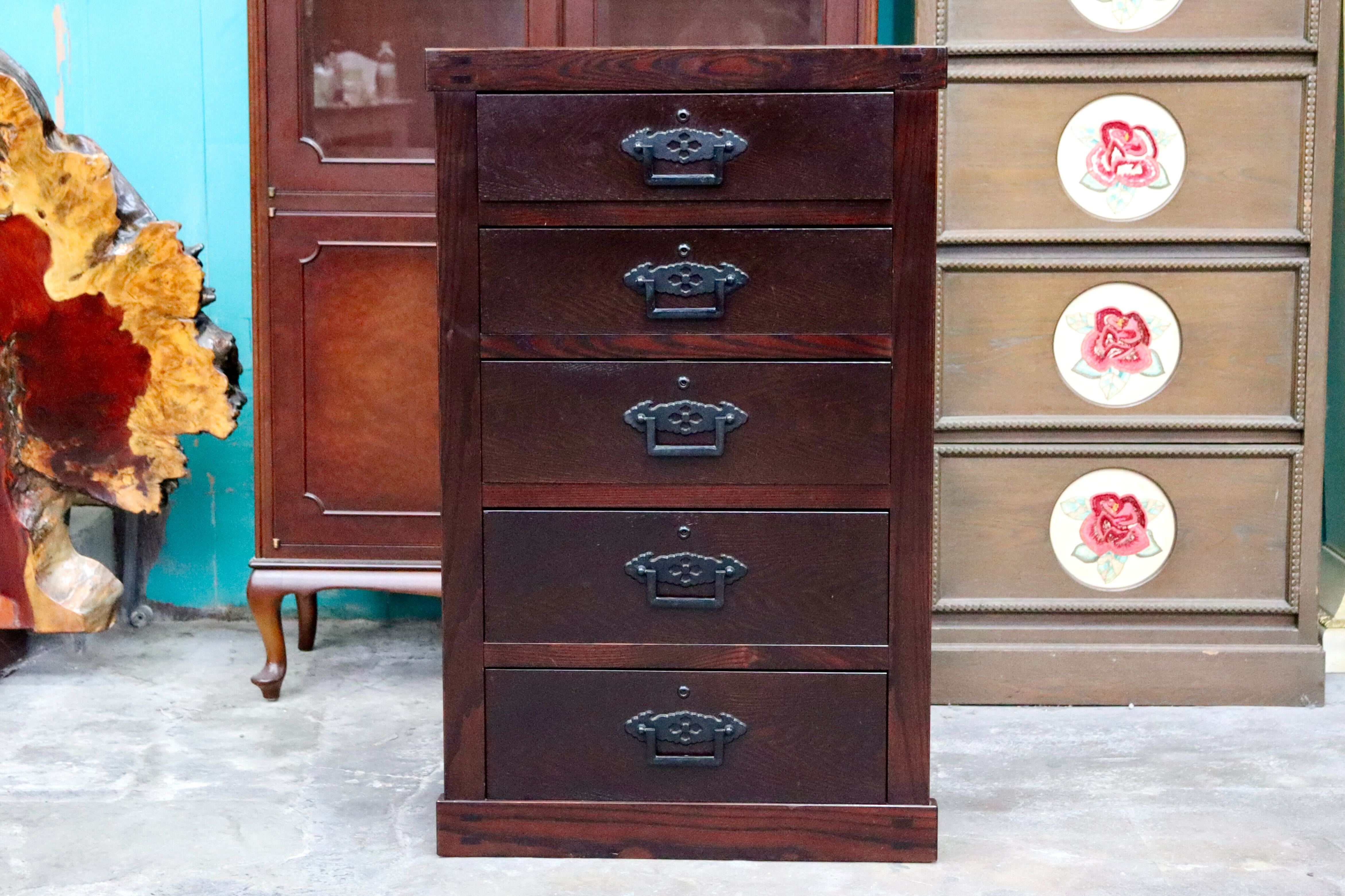 GMIN9○民芸家具 整理箪笥 鍵付き 時代箪笥 和箪笥 5段チェスト 収納家具 和家具 古民家 和モダン レトロ アンティーク
