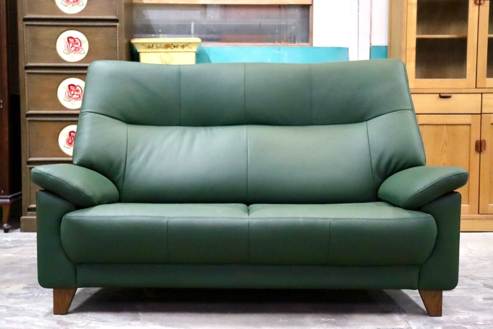 GMIS359A○本革 2人掛けソファ ラブソファ 長椅子 グリーン 応接 ハイバック シンプル モダン 検)カリモク 浜本工芸