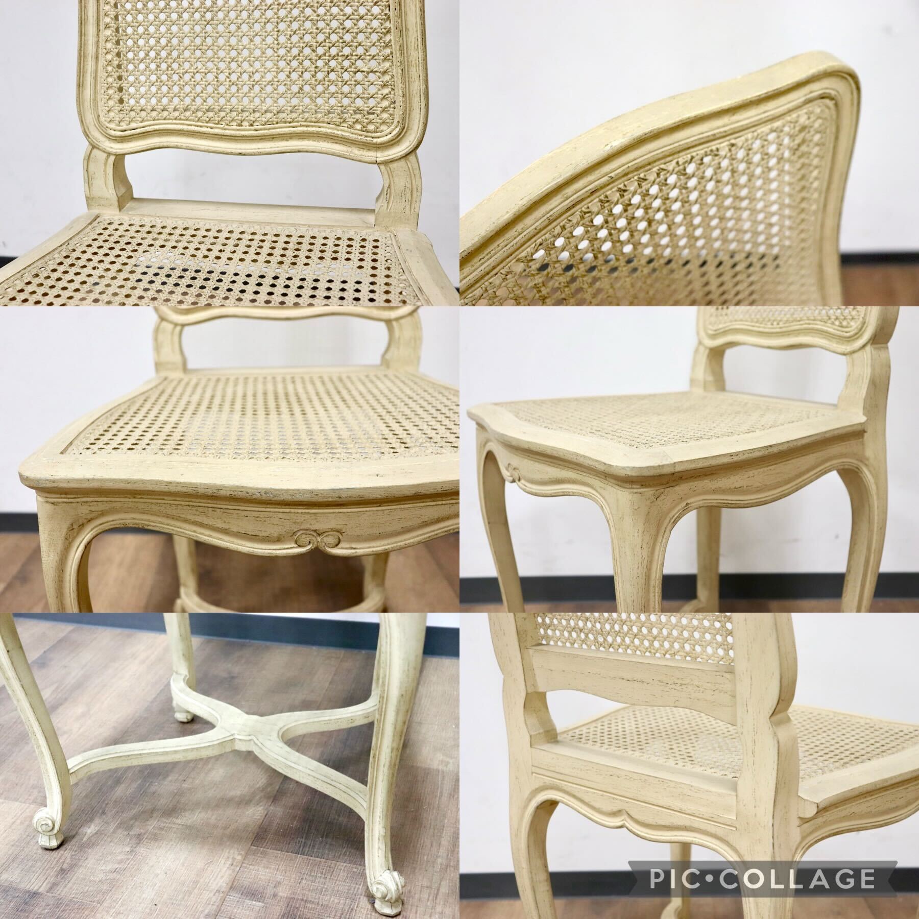 GMGS225G○フレンチカントリー シャビーシック ダイニングチェア ロココ調 ラタン 籐 ホワイトウォッシュ 猫脚 アンティーク フランス製