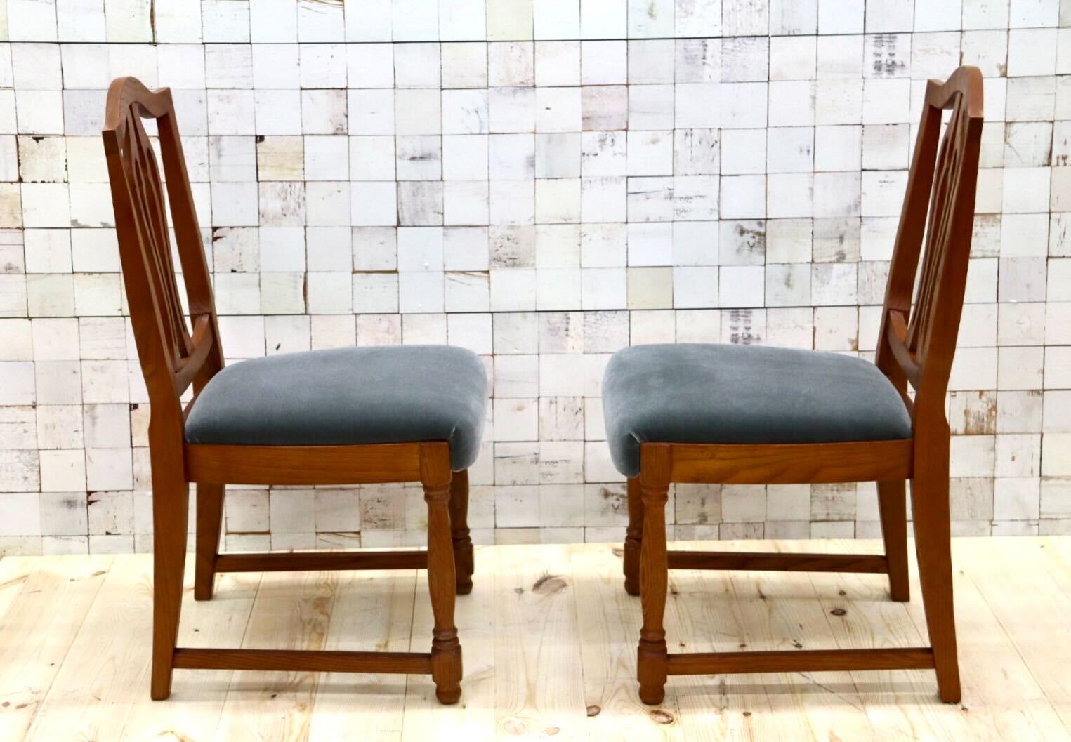 GMGT117D○英国アンティーク ダイニングチェア 食卓椅子 ファブリック グレー オーク 座面張替済 2脚セット クラシック 検)三越ブルージュ