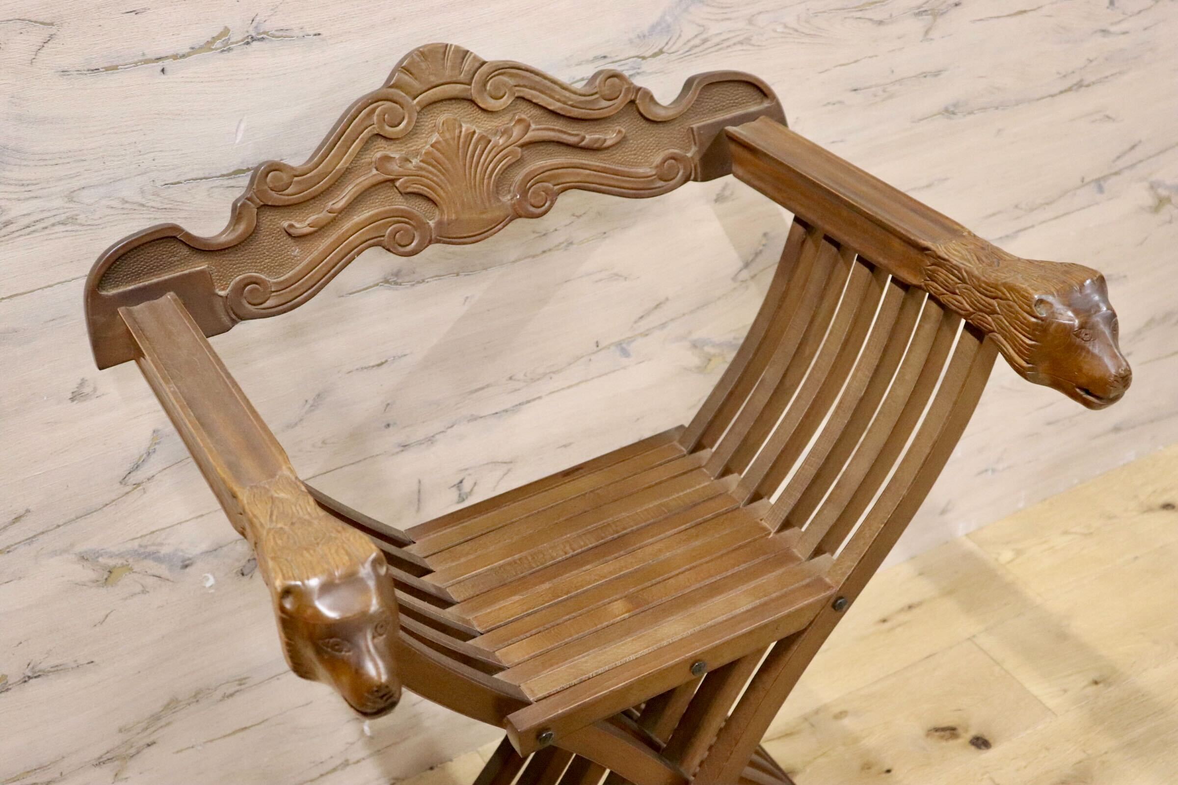 GMHN109○イタリア製 サボナーラ ライオンチェア サヴォナローラ 折り畳み式 椅子 チェア 木製 彫刻 アンティーク 輸入家具 展示品