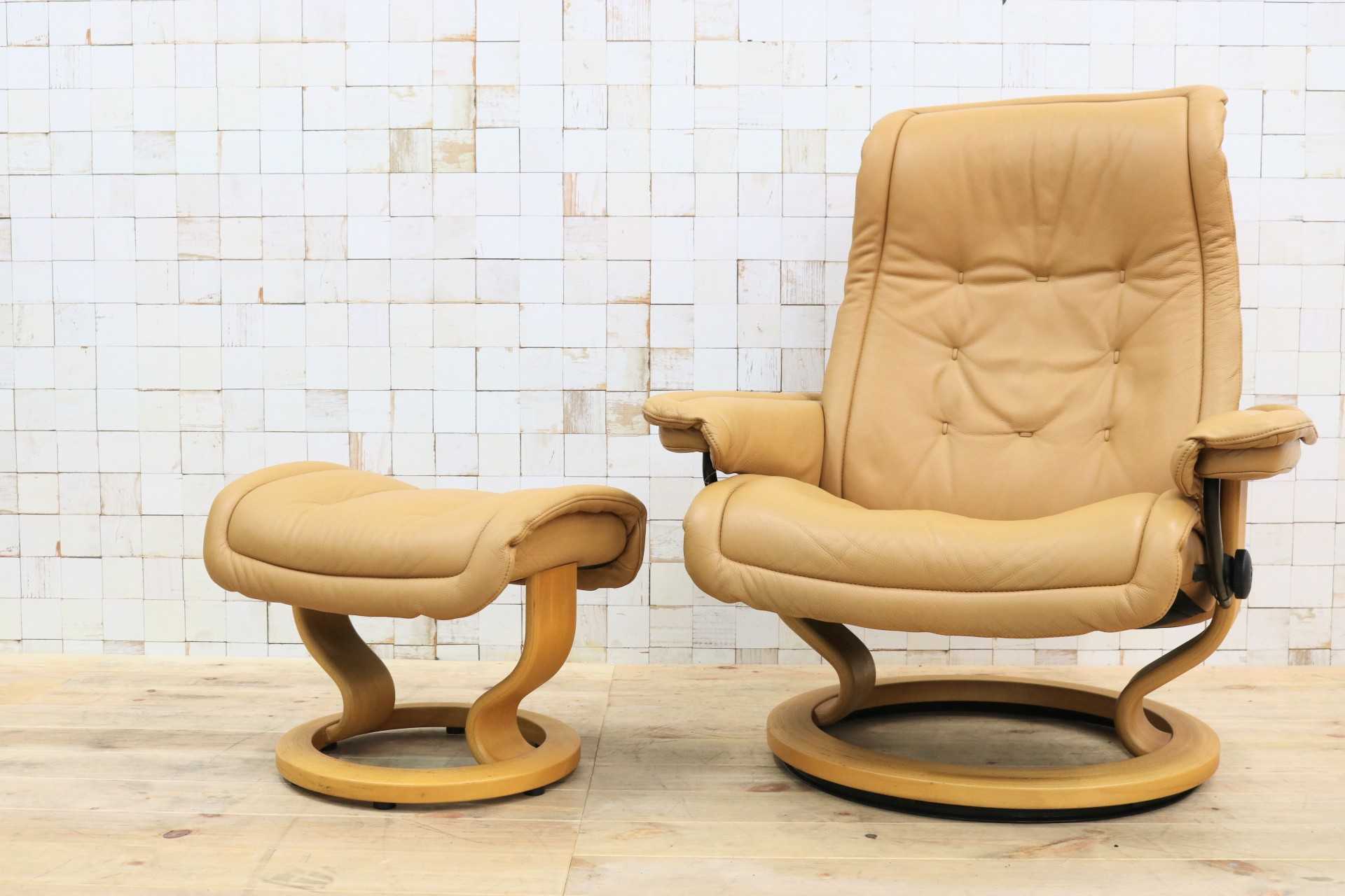 GMHH498○EKORNES / エコーネス ロイヤル リクライニングチェア パーソナルチェア オットマン ライトキャメル 本革 北欧 ノルウェー 最高級