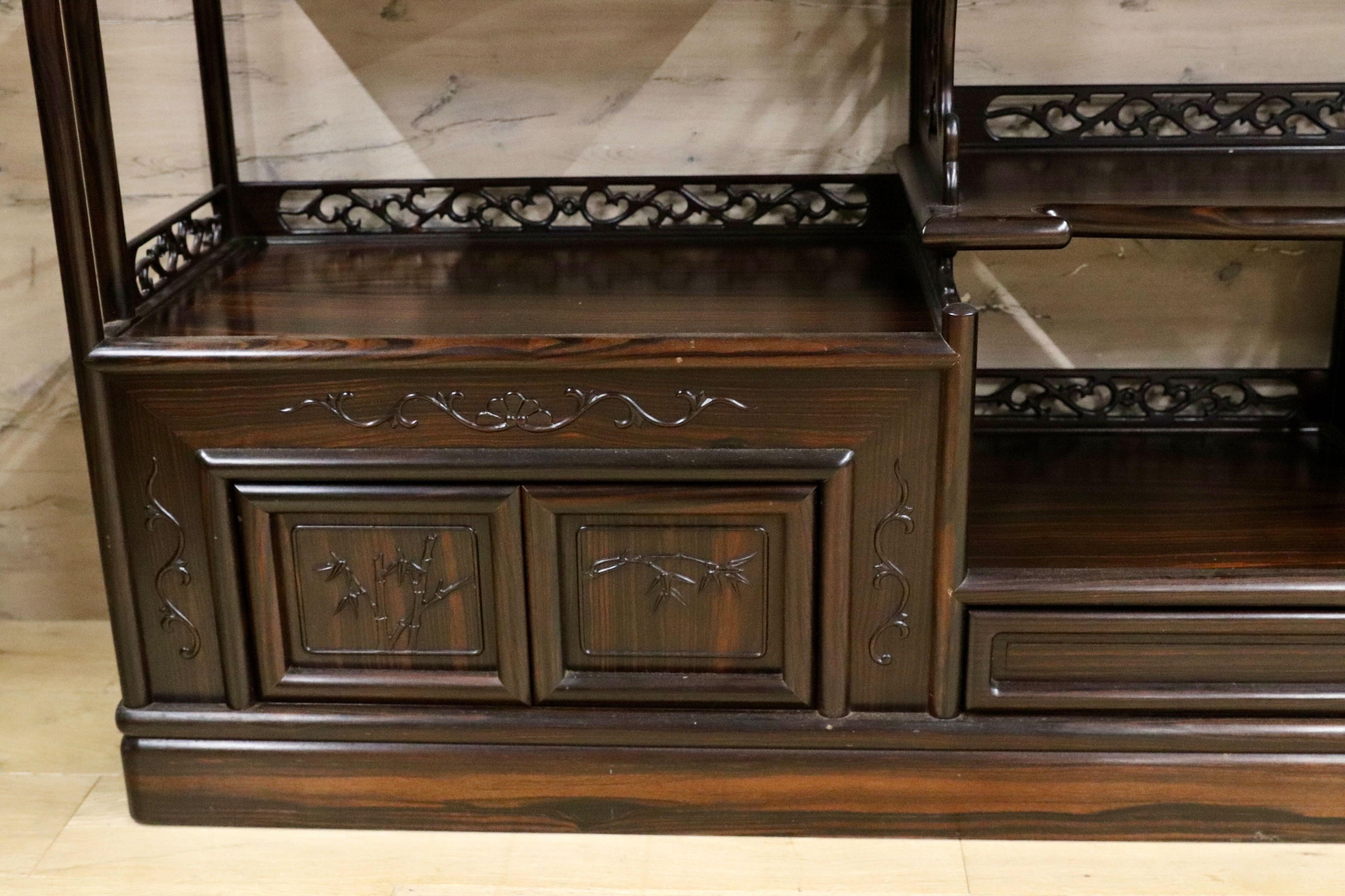 GMIH329○最高級 黒檀 茶棚 サイドボード リビングボード 飾り棚 キャビネット 和家具 レトロ 煎茶道具 違い棚 アンティーク 稀少 約250万